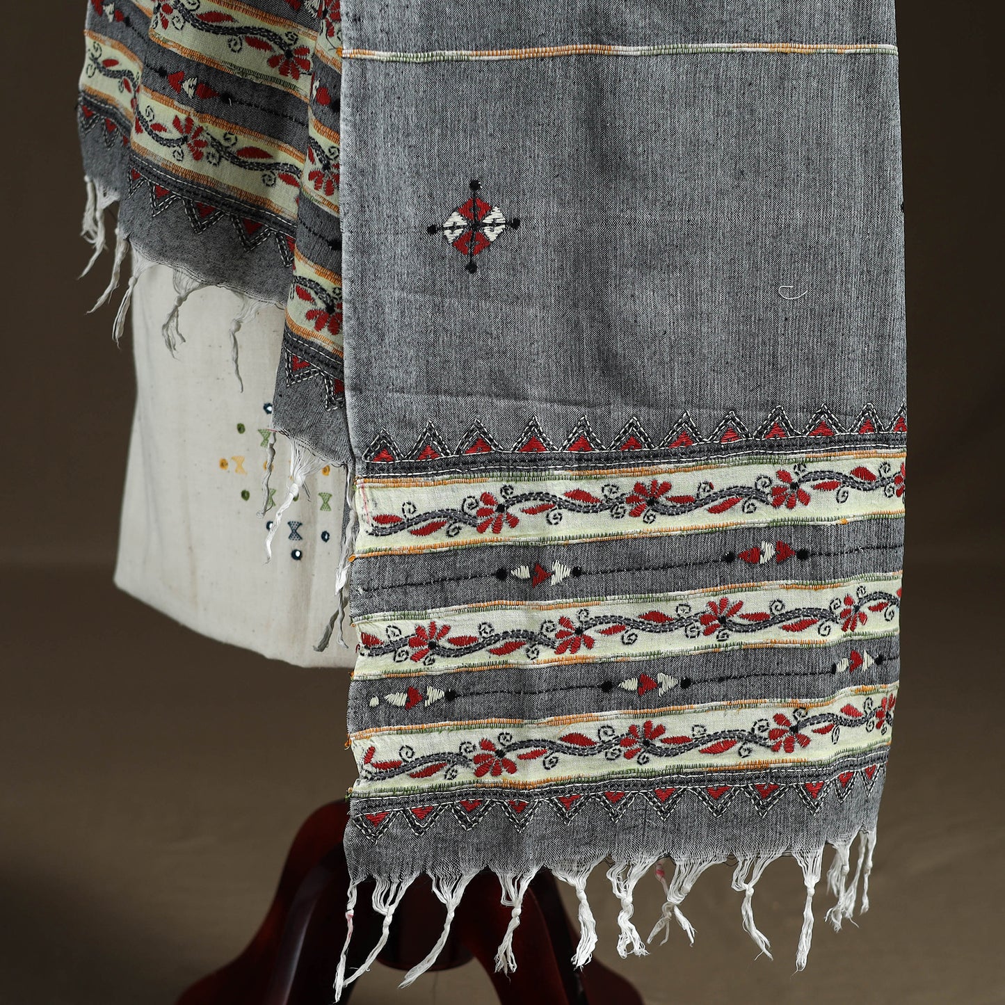 Grey - Kantha Hand Embroidered Khes Handwoven Cotton Dupatta 34