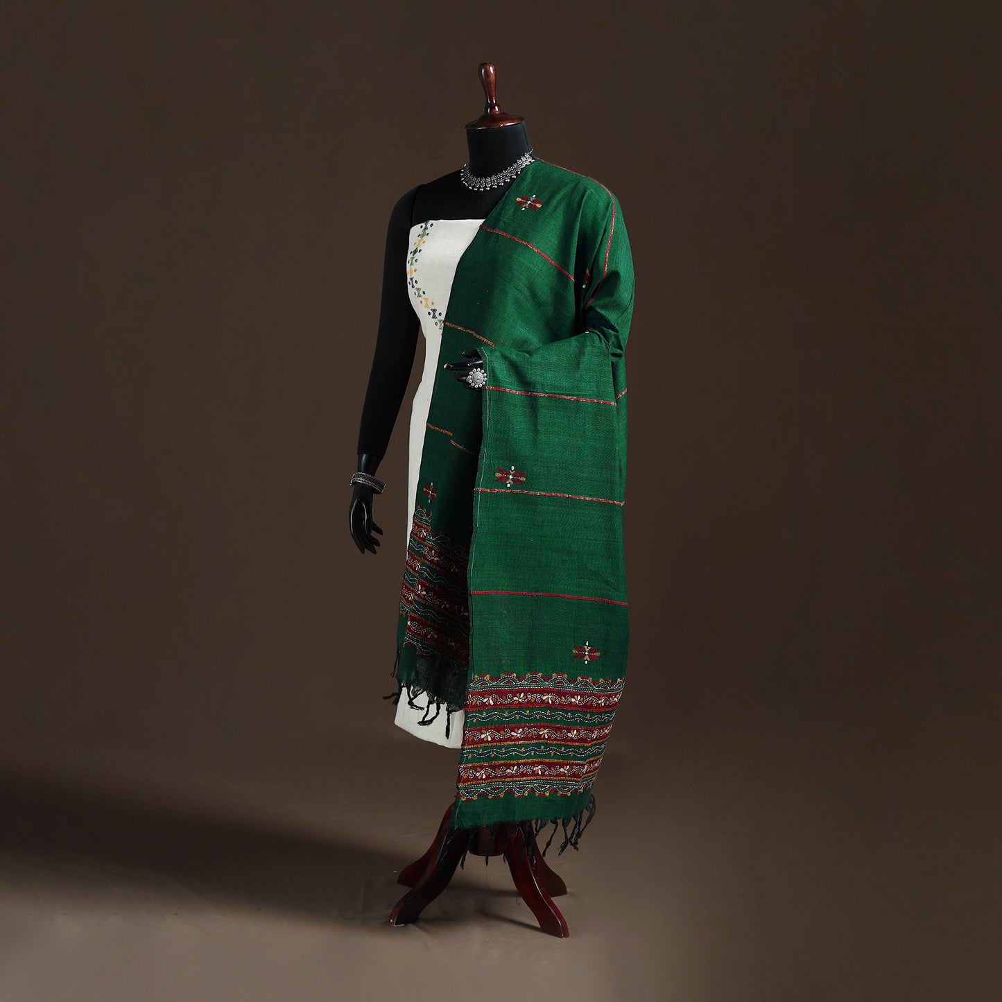 Green - Kantha Hand Embroidered Khes Handwoven Cotton Dupatta 36