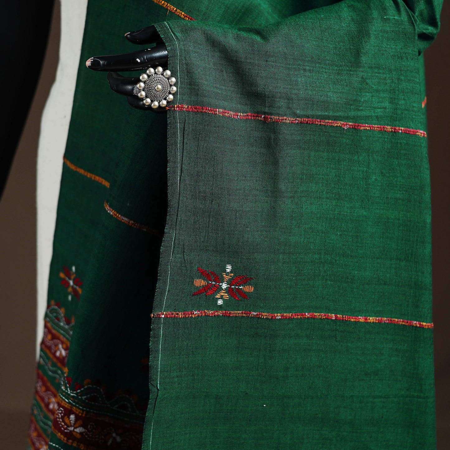 Green - Kantha Hand Embroidered Khes Handwoven Cotton Dupatta 36