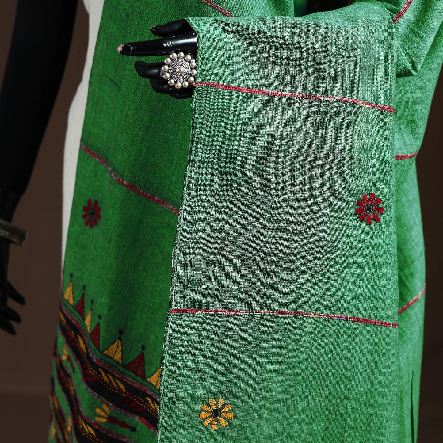 Green - Kantha Hand Embroidered Khes Handwoven Cotton Dupatta 39