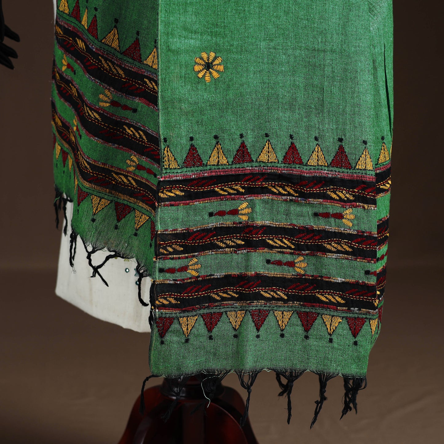 Green - Kantha Hand Embroidered Khes Handwoven Cotton Dupatta 39