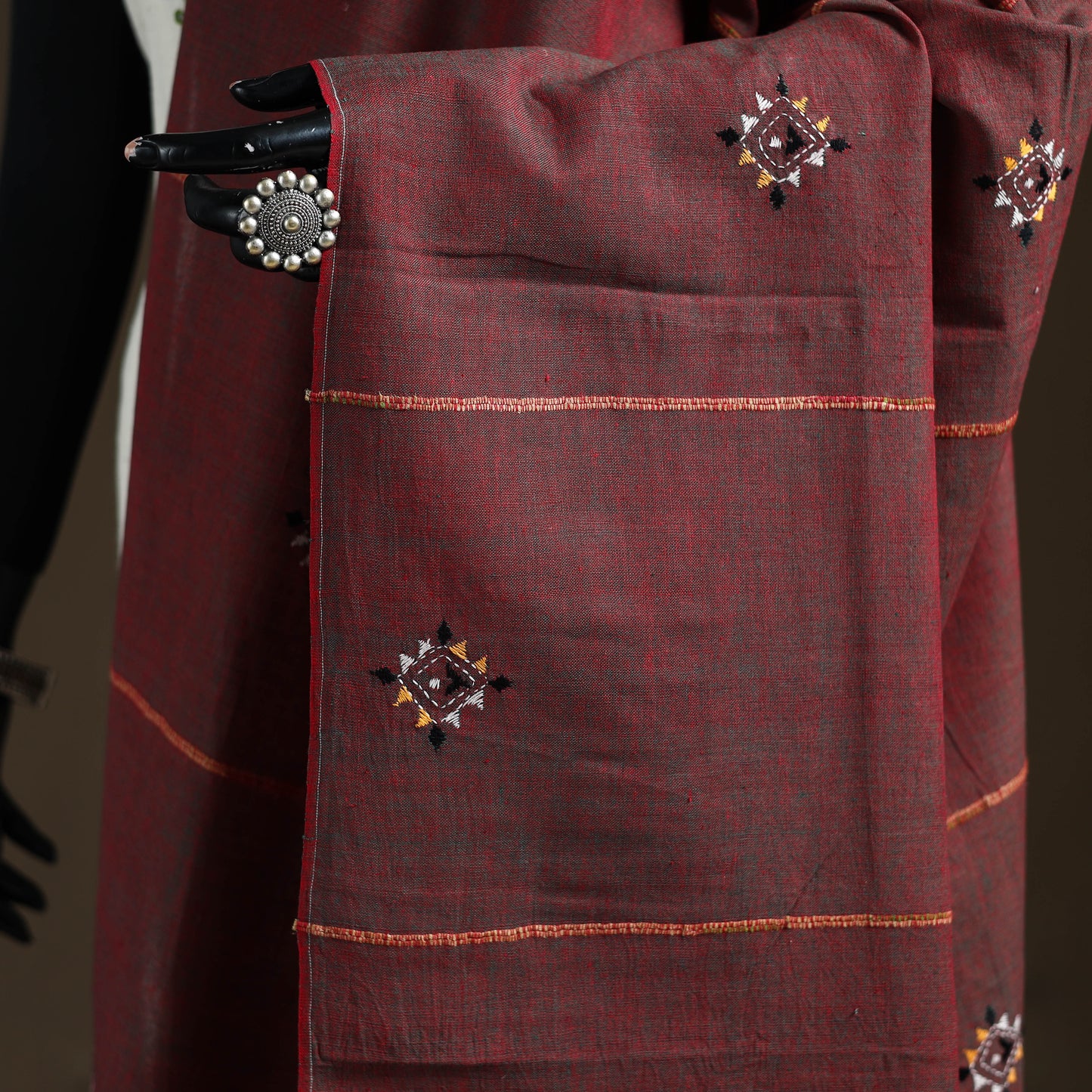 Maroon - Kantha Hand Embroidered Khes Handwoven Cotton Dupatta 43