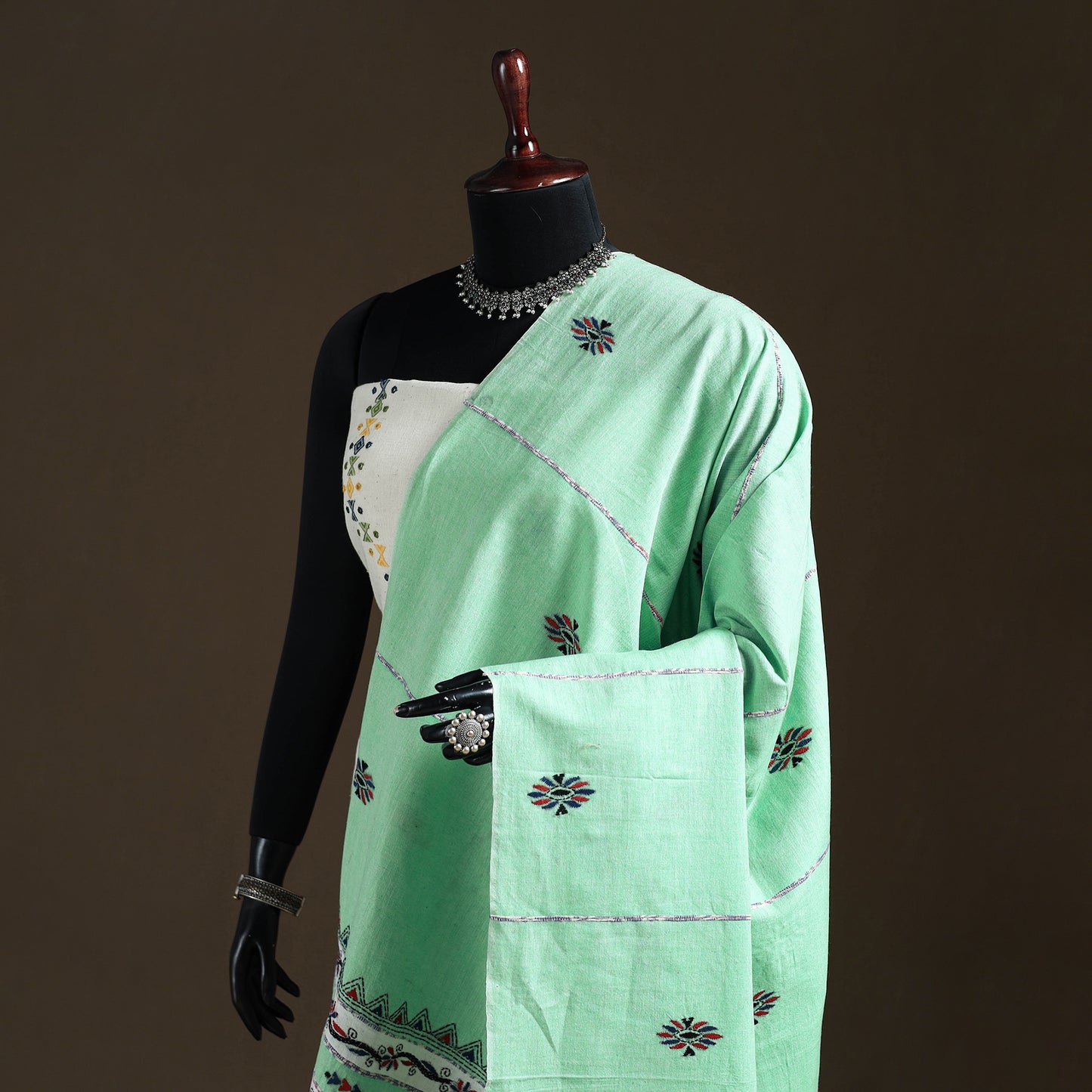 Kantha Hand Embroidered Khes Handwoven Cotton Dupatta 44