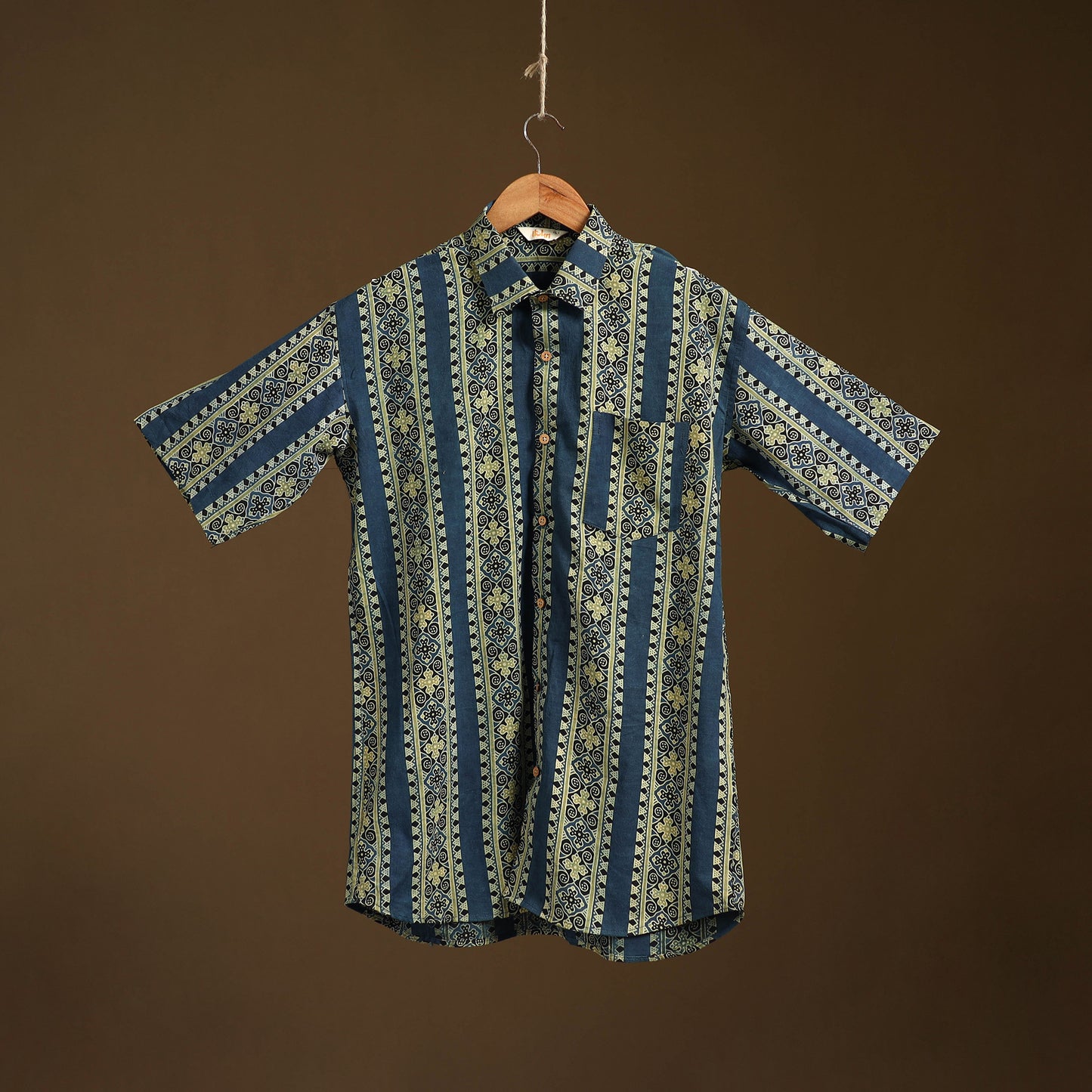 Natural Dyed Hand Block Print Cotton Men Half Sleeve Ajrakh Shirt 04