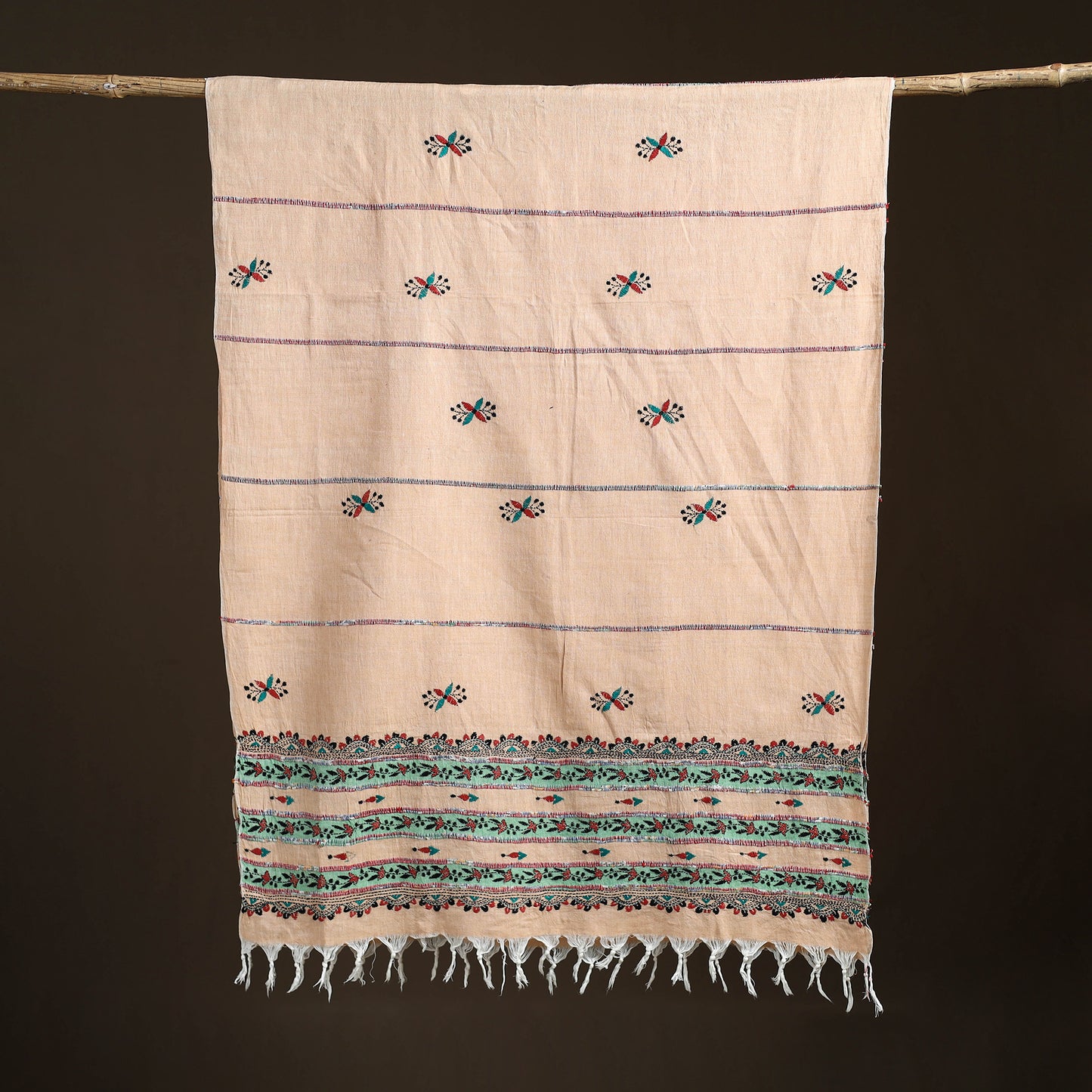 Kantha Hand Embroidered Khes Handwoven Cotton Dupatta 45