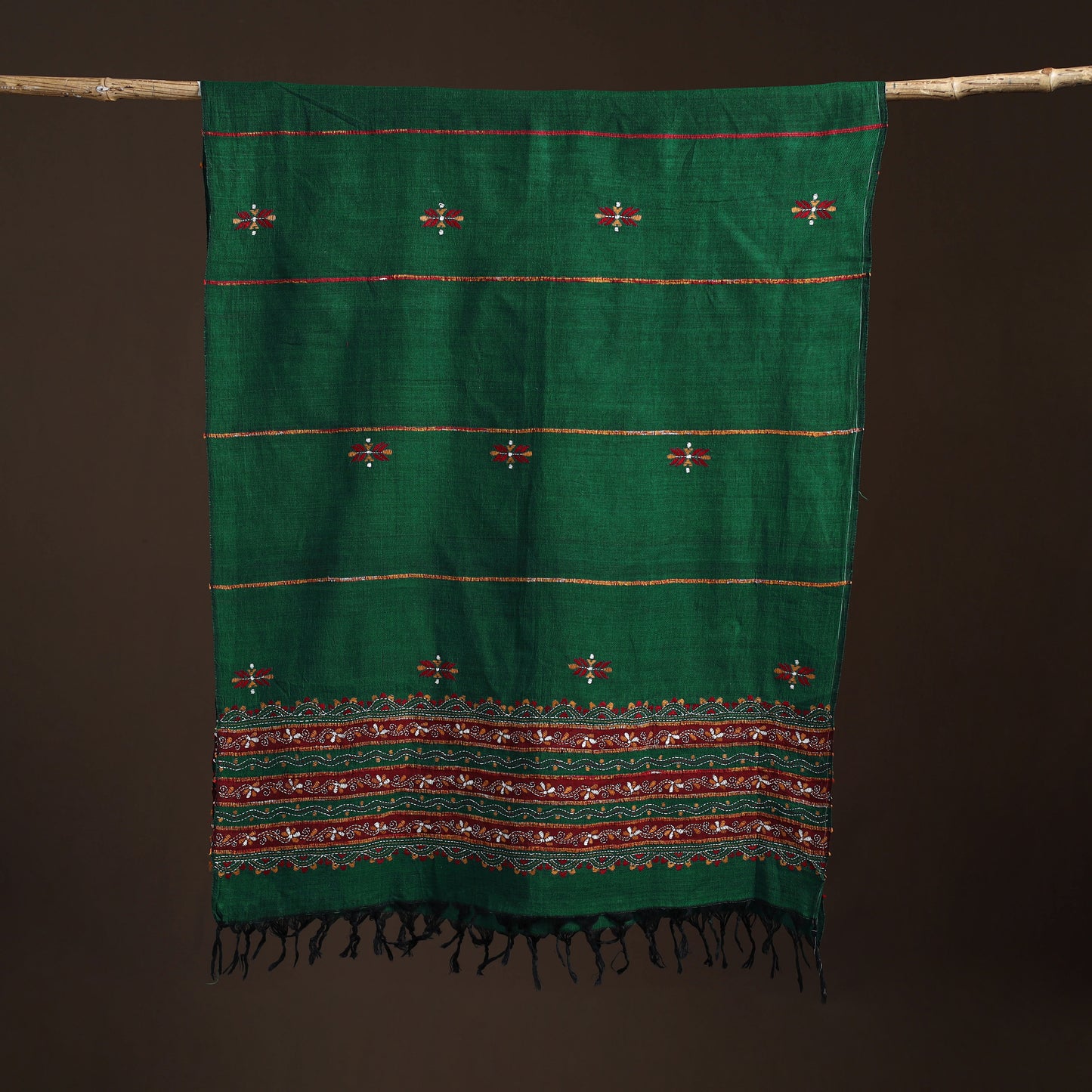 Green - Kantha Hand Embroidered Khes Handwoven Cotton Dupatta 36
