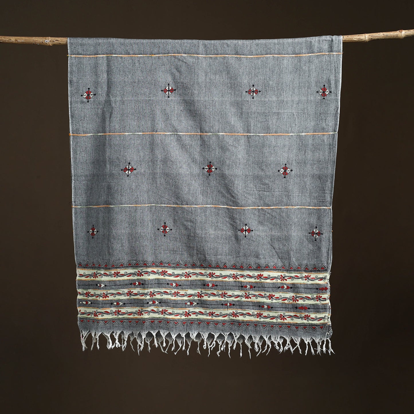 Grey - Kantha Hand Embroidered Khes Handwoven Cotton Dupatta 34