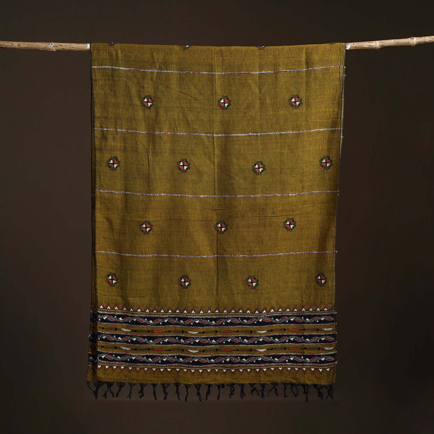 Brown - Kantha Hand Embroidered Khes Handwoven Cotton Dupatta 29