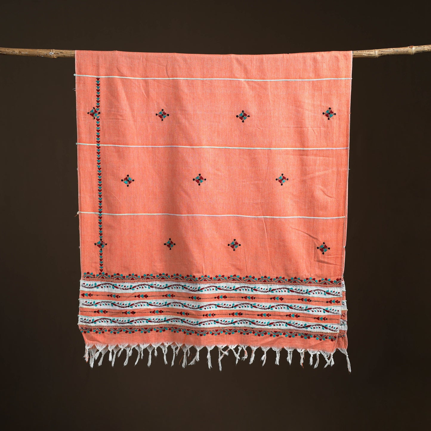 Peach - Kantha Hand Embroidered Khes Handwoven Cotton Dupatta 28