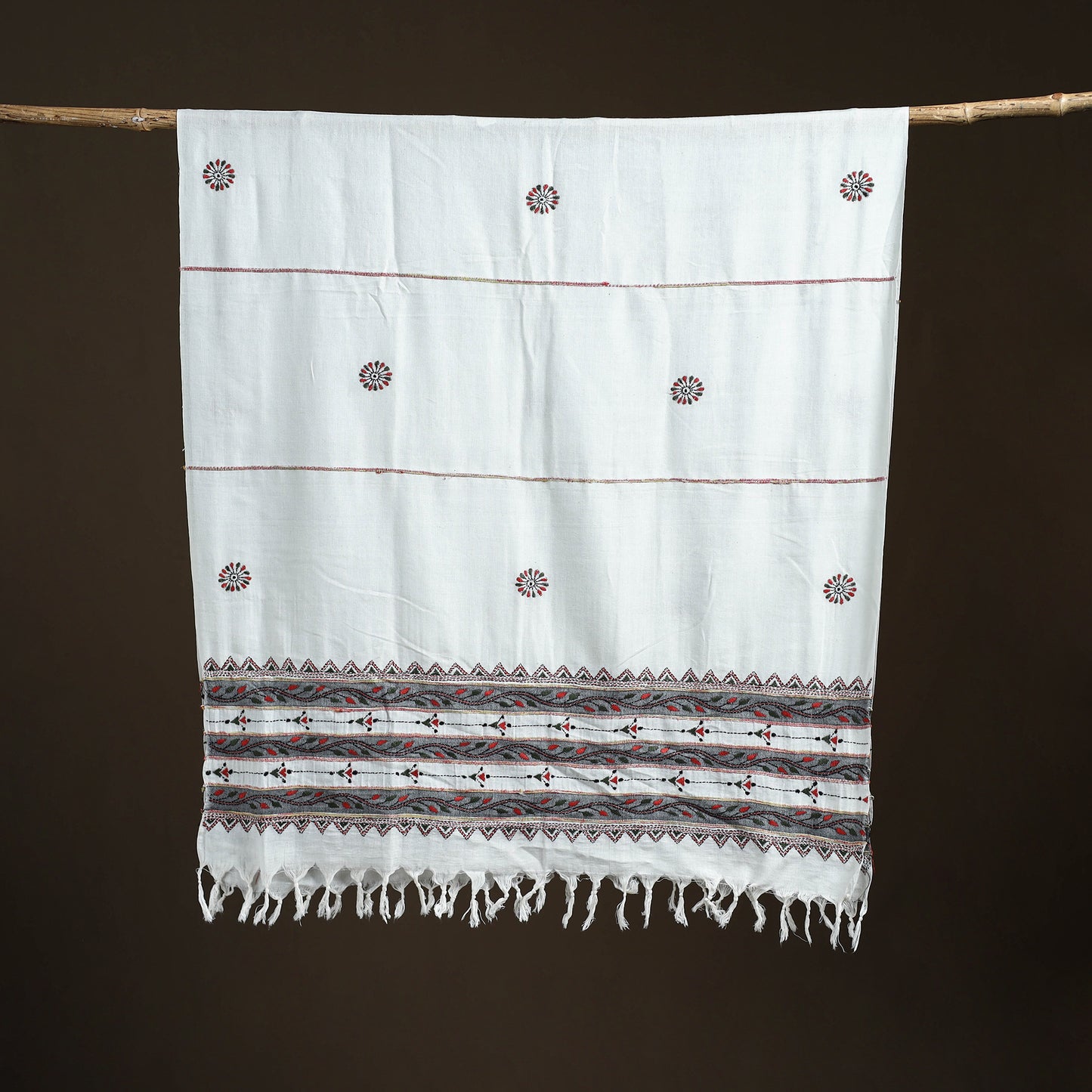 White - Kantha Hand Embroidered Khes Handwoven Cotton Dupatta 24