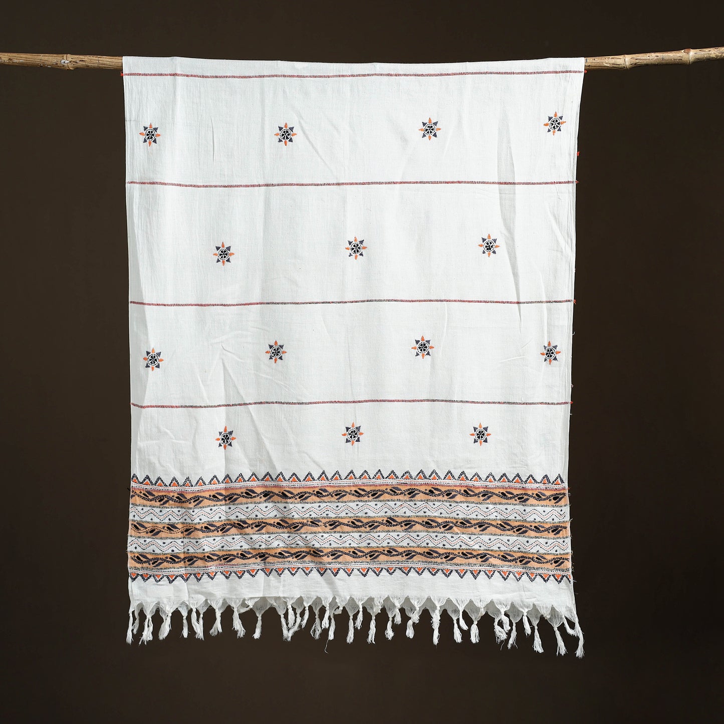 White - Kantha Hand Embroidered Khes Handwoven Cotton Dupatta 23