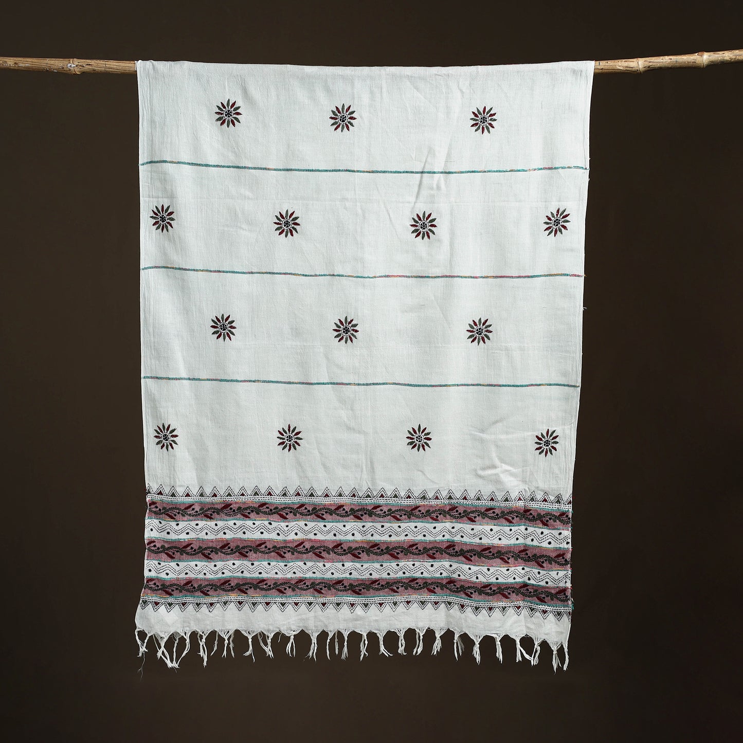 White - Kantha Hand Embroidered Khes Handwoven Cotton Dupatta 21