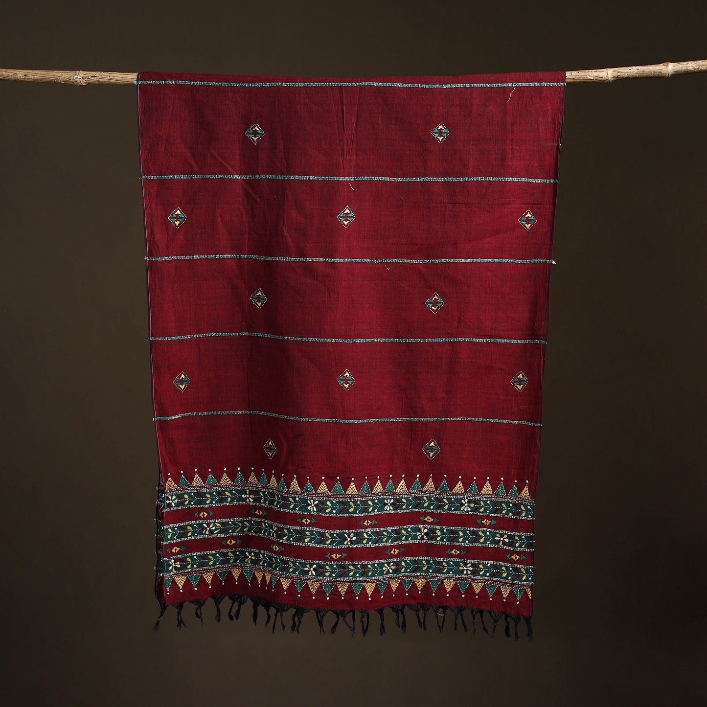 Maroon - Kantha Hand Embroidered Khes Handwoven Cotton Dupatta 20