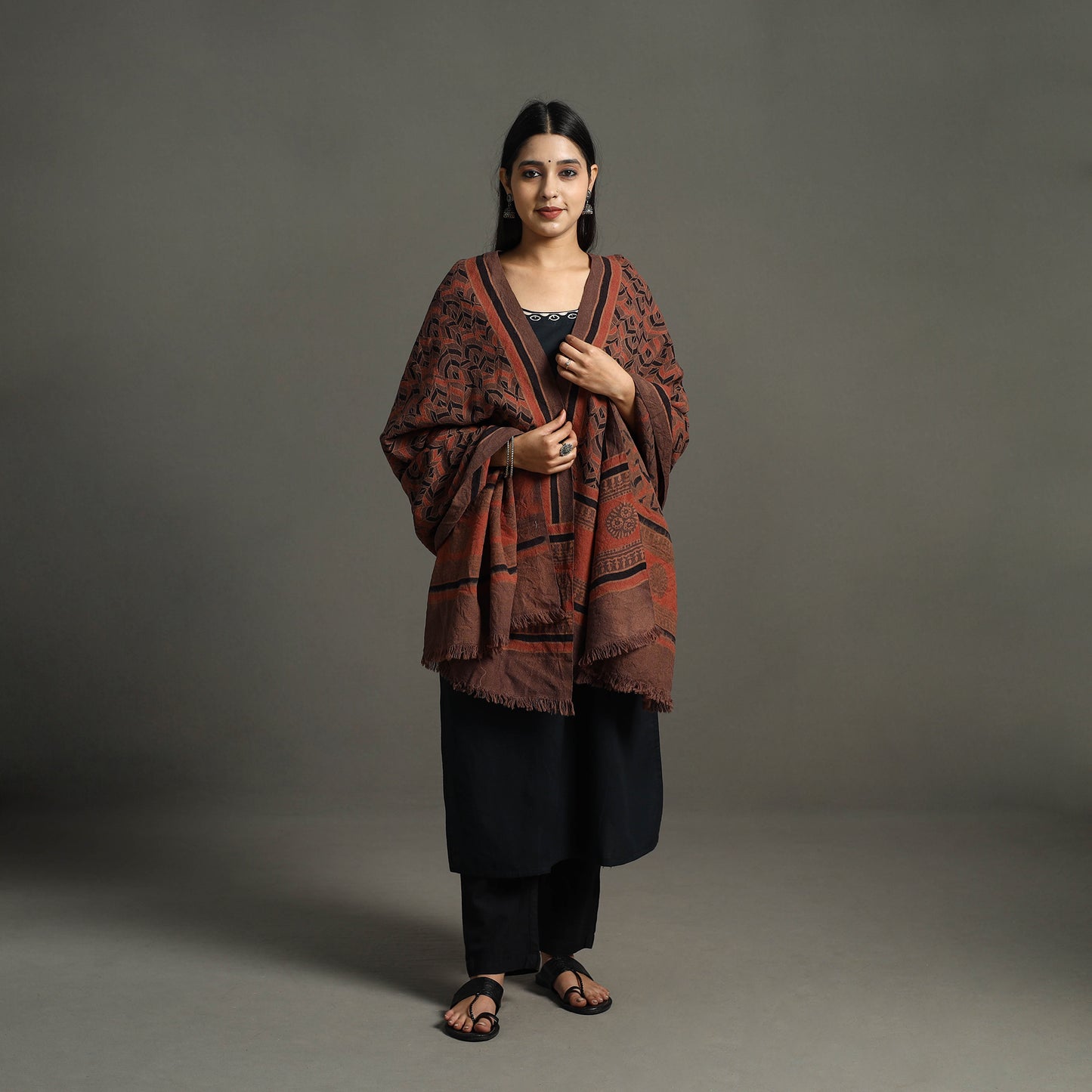 Ajrakh Block Printed Handwoven Woolen Shawl