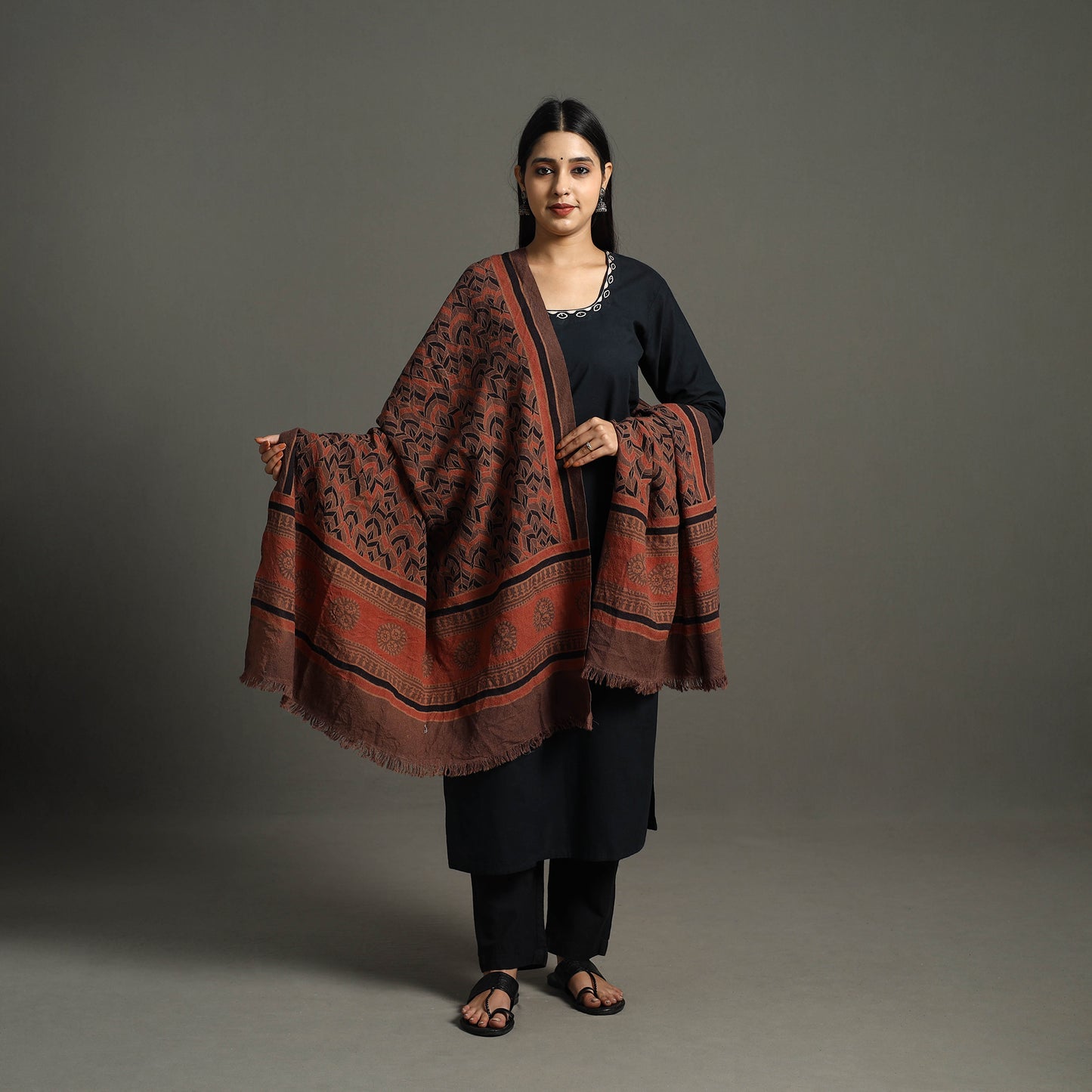 Ajrakh Block Printed Handwoven Woolen Shawl