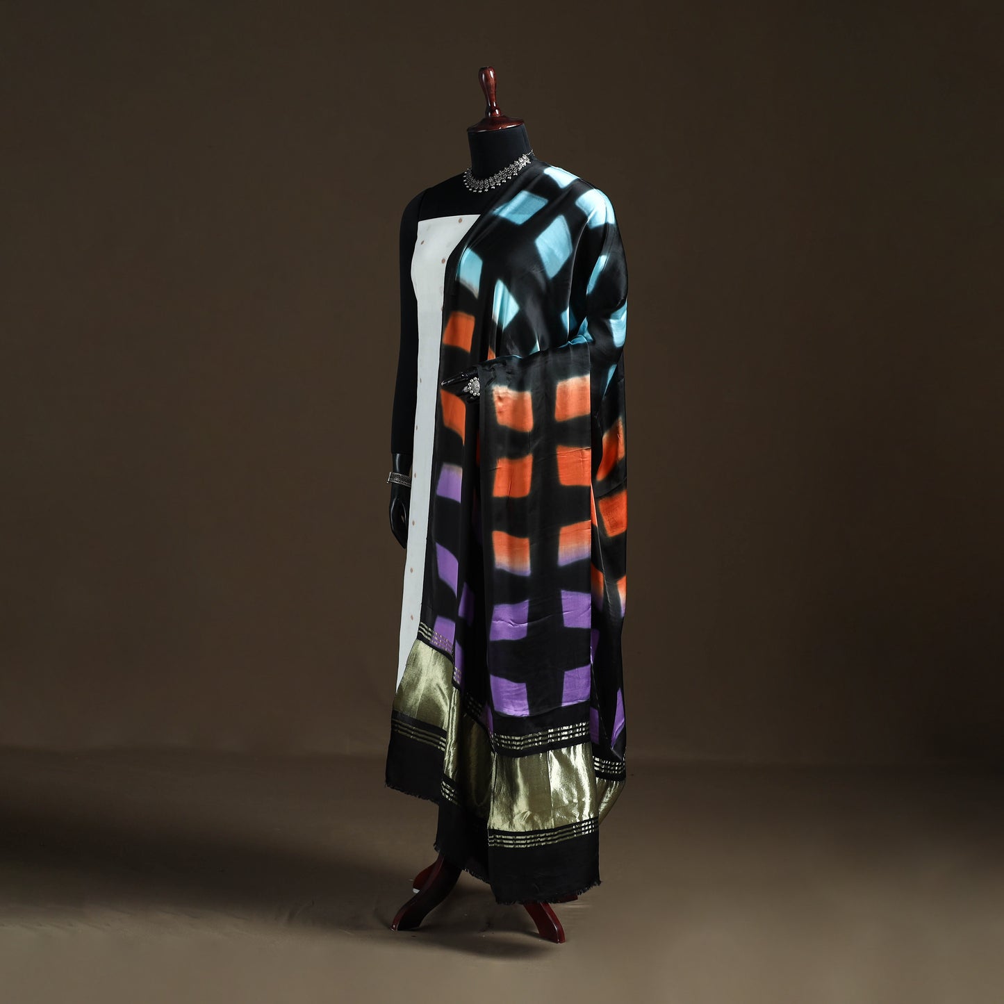 Multicolor - Shibori Clamp Dyed Modal Silk Dupatta with Zari Border 08