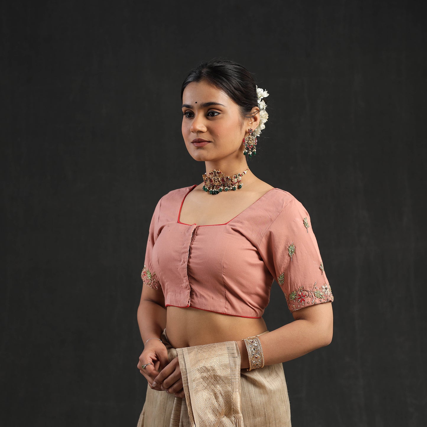 Buy Peach Zardozi Hand Embroidery Cotton Blouse Online