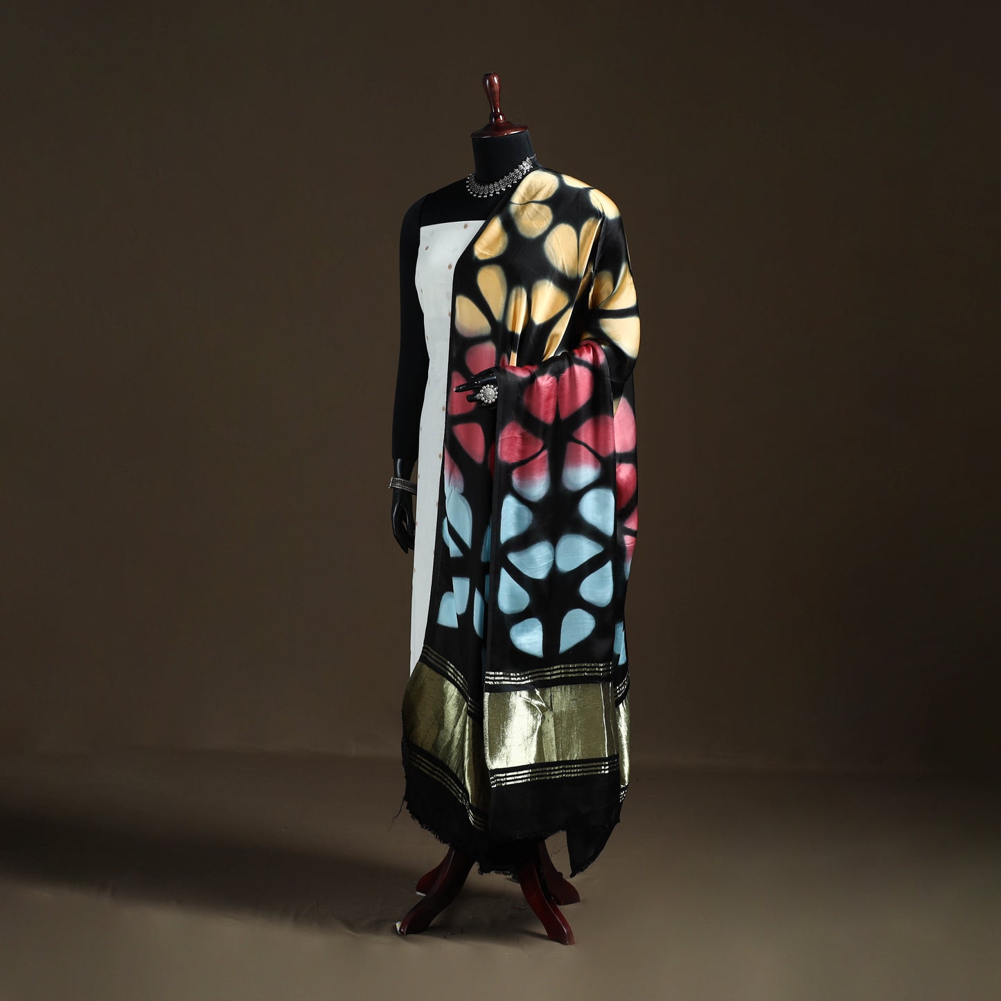 Multicolor - Shibori Clamp Dyed Modal Silk Dupatta with Zari Border 13