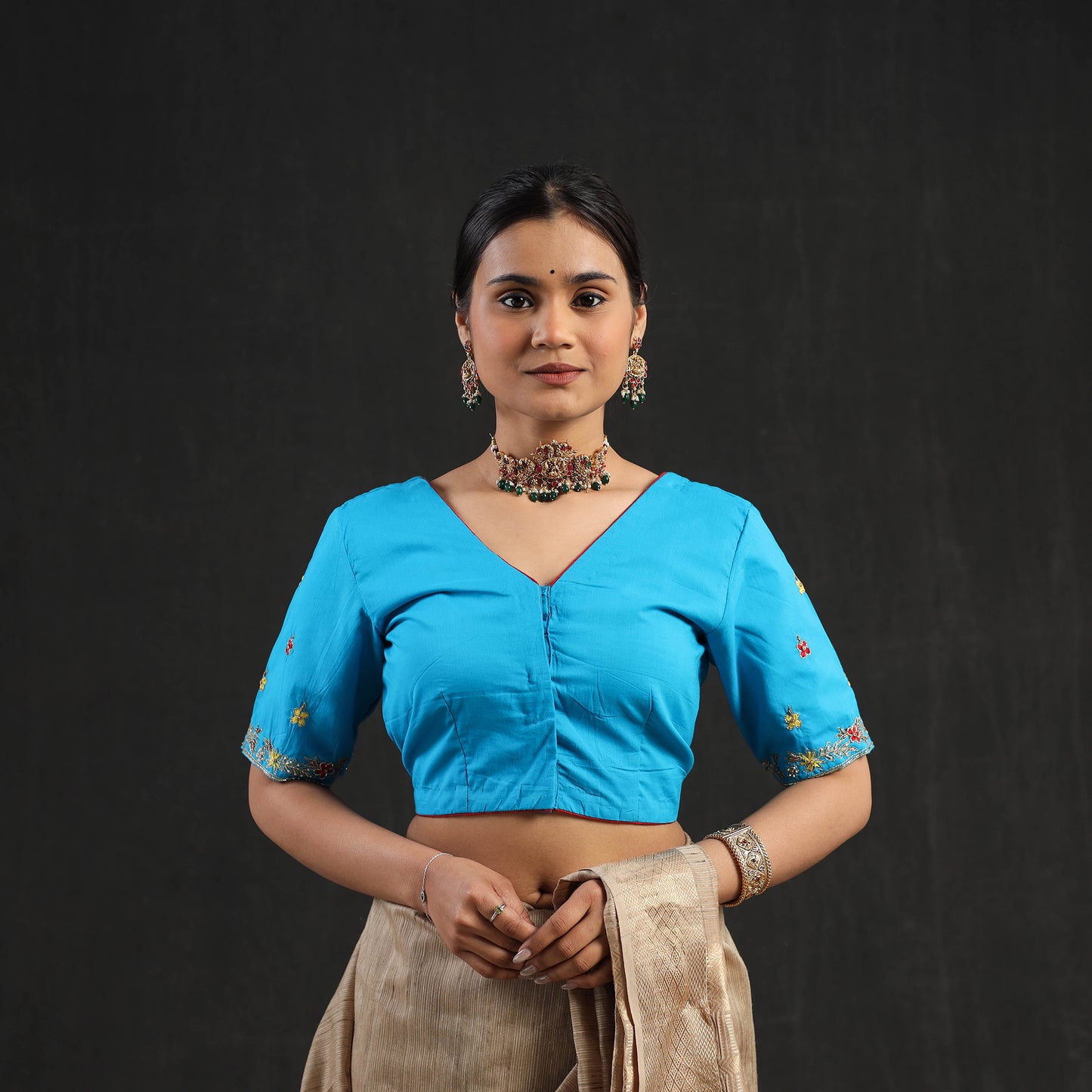 Buy Blue Zardozi Hand Embroidery Cotton Blouse Online