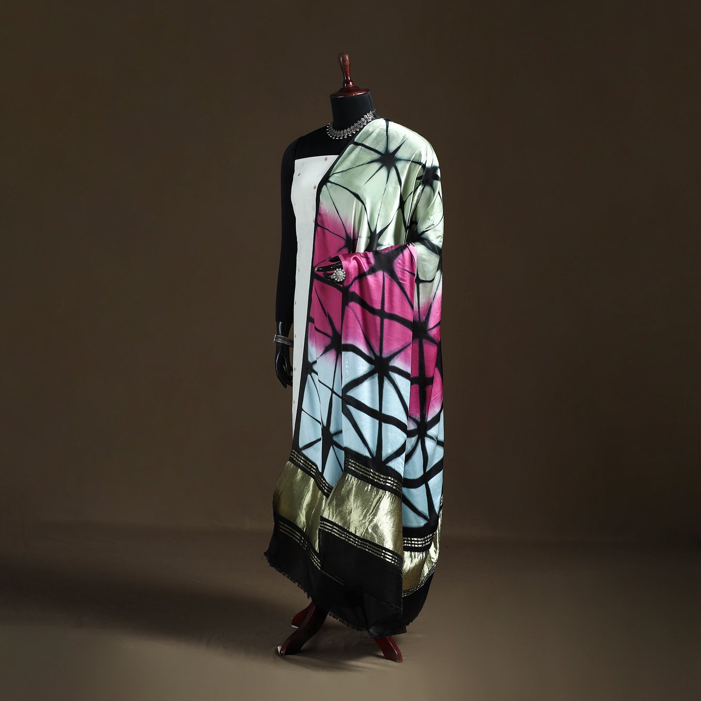 Multicolor - Shibori Clamp Dyed Modal Silk Dupatta with Zari Border 19