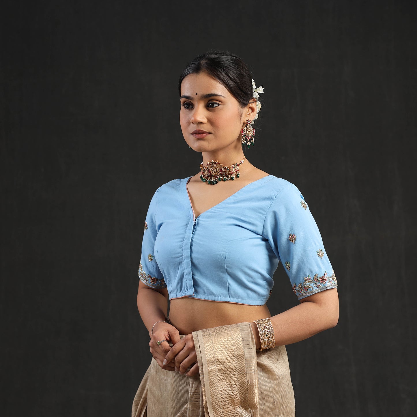 Buy Blue Zardozi Hand Embroidery Cotton Blouse Online