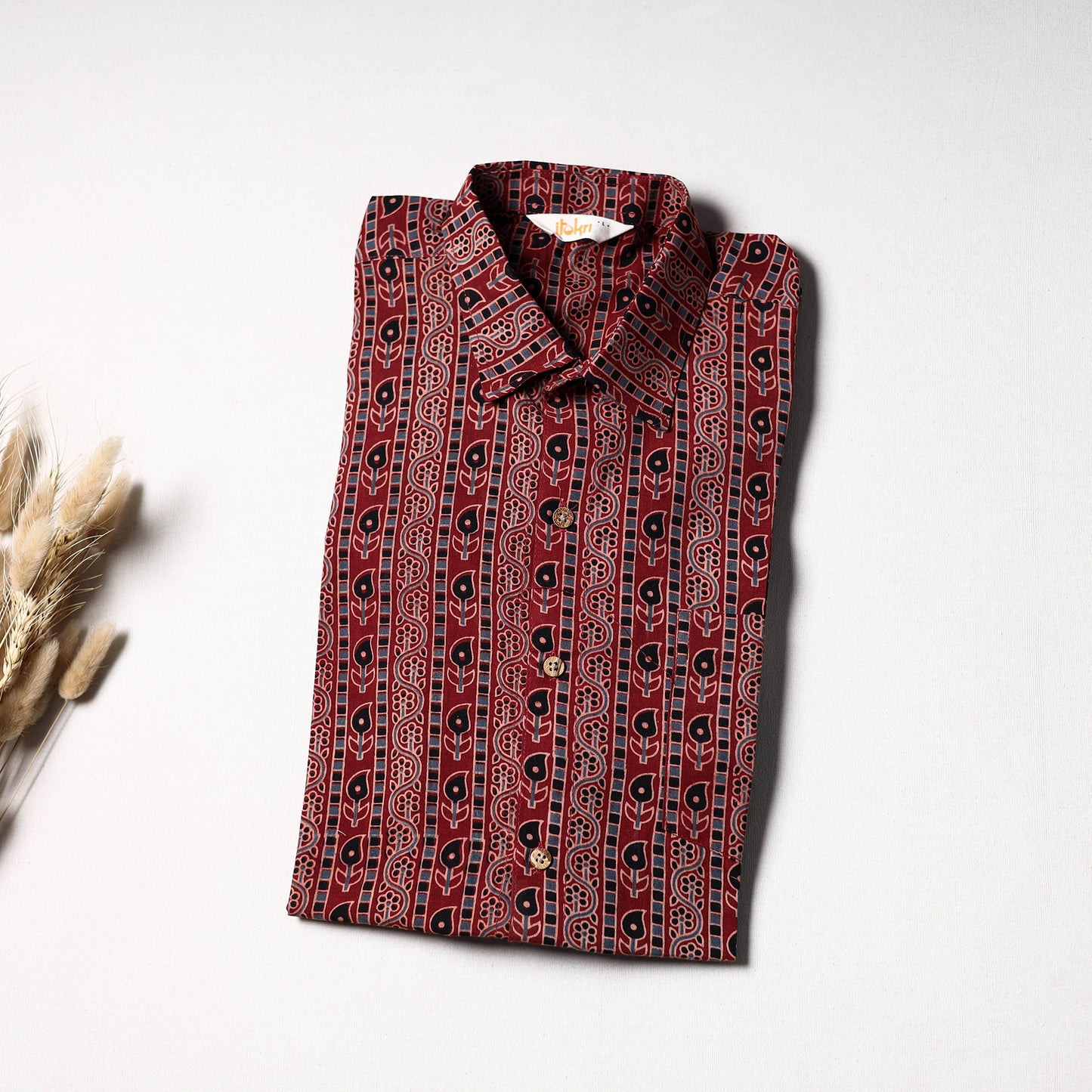 Natural Dyed Hand Block Print Cotton Men Half Sleeve Ajrakh Shirt 12