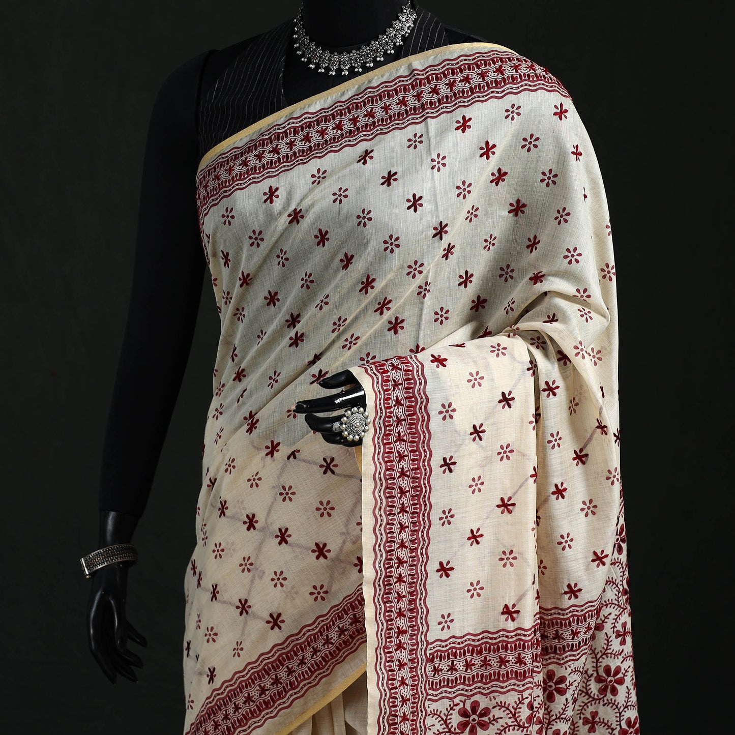 White - Bengal Kantha Hand Embroidery Silk Cotton Chapa Work Saree 01