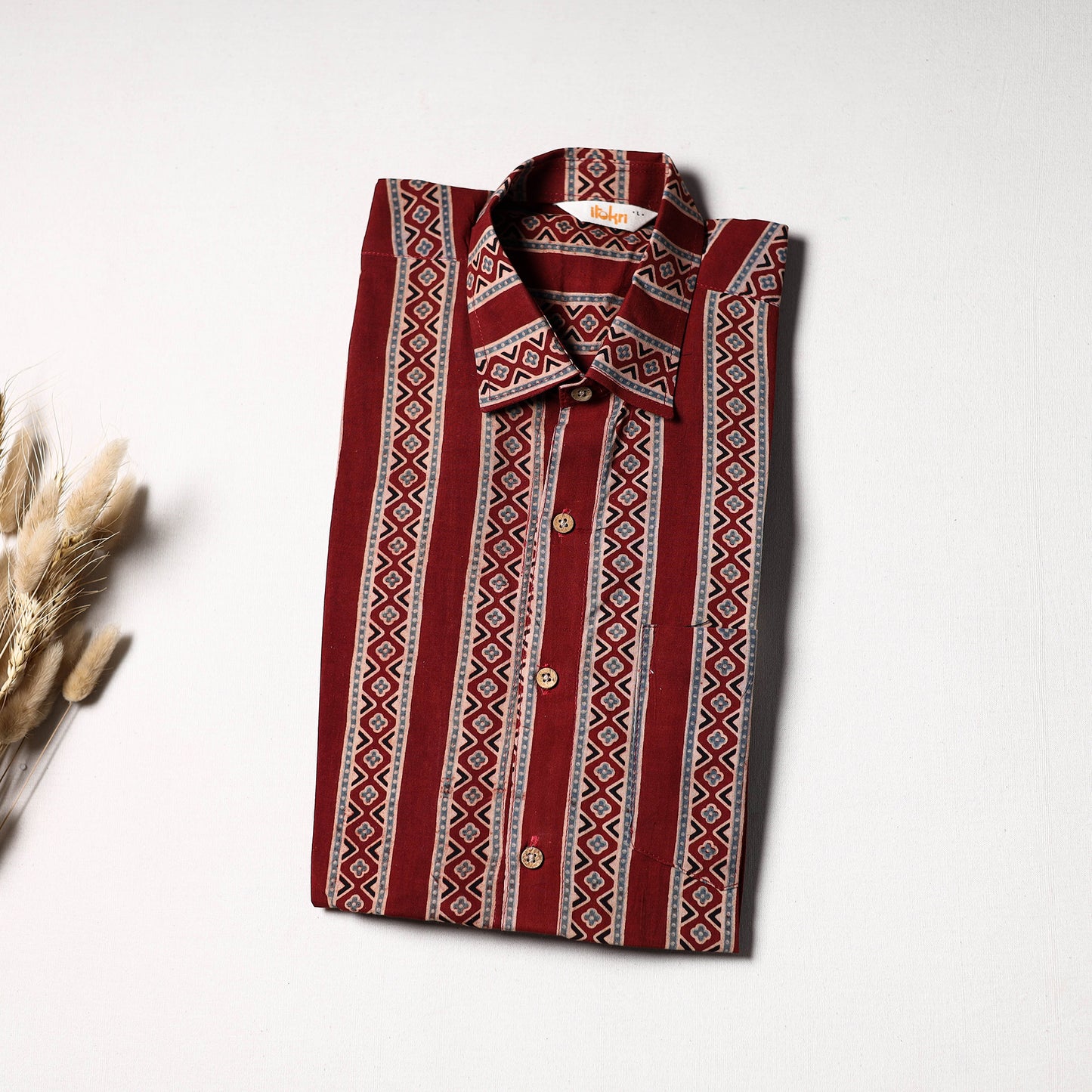 Natural Dyed Hand Block Print Cotton Men Half Sleeve Ajrakh Shirt 08