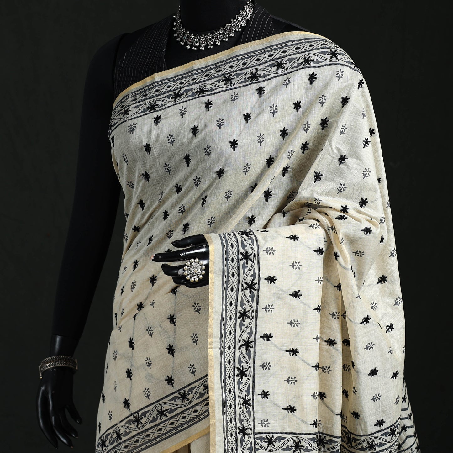 Cream - Bengal Kantha Hand Embroidery Silk Cotton Chapa Work Saree 02