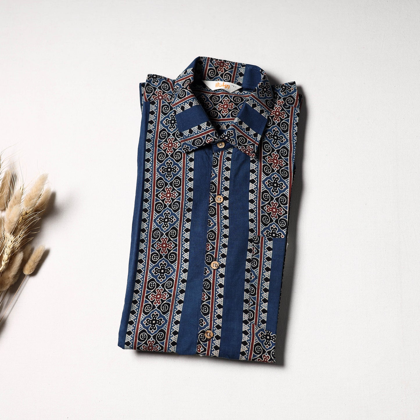 Natural Dyed Hand Block Print Cotton Men Half Sleeve Ajrakh Shirt 14