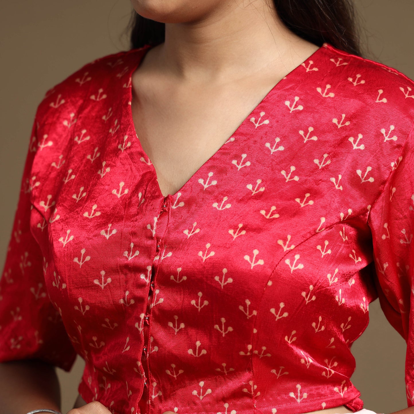 Red - Pink - Hand Block Printed Mashru Silk Stitched Blouse