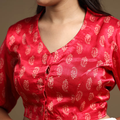 Red - Hand Block Printed Mashru Silk Stitched Blouse