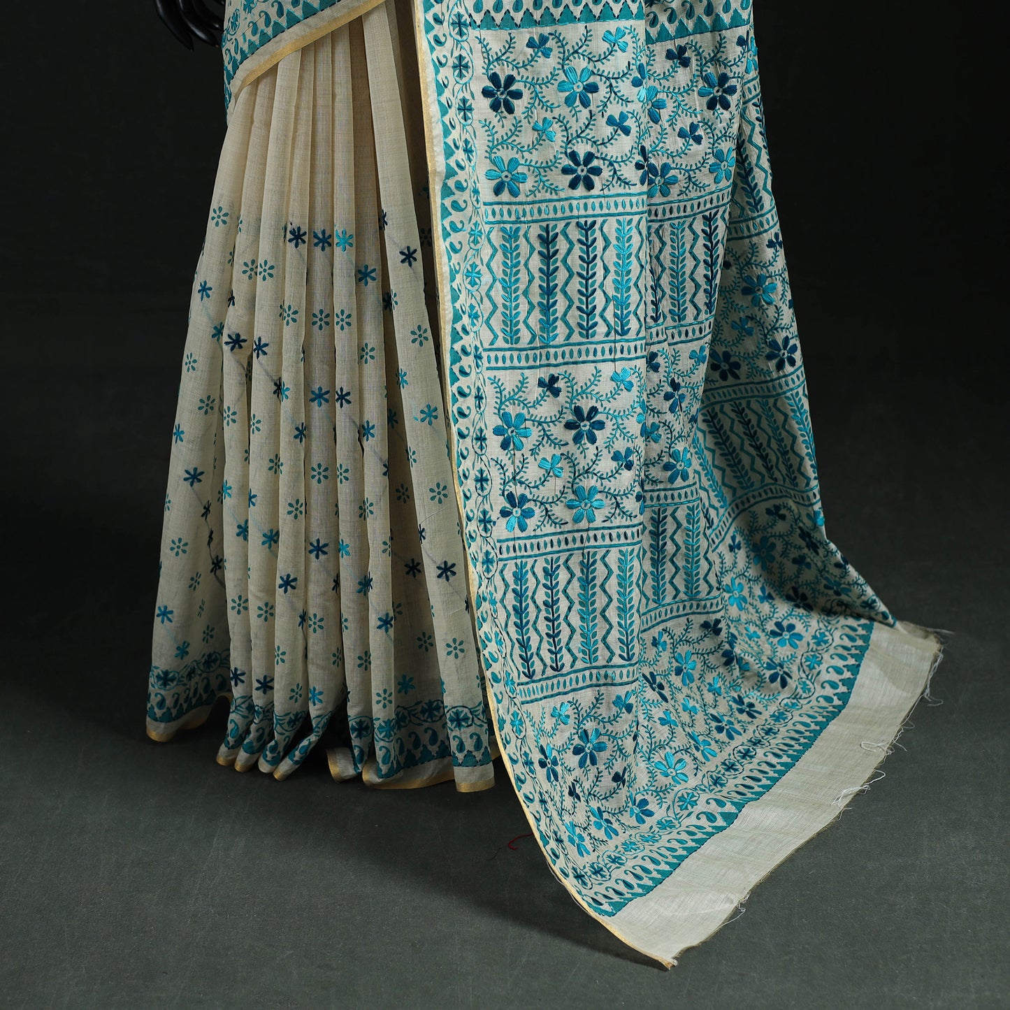 White - Bengal Kantha Hand Embroidery Silk Cotton Chapa Work Saree 08