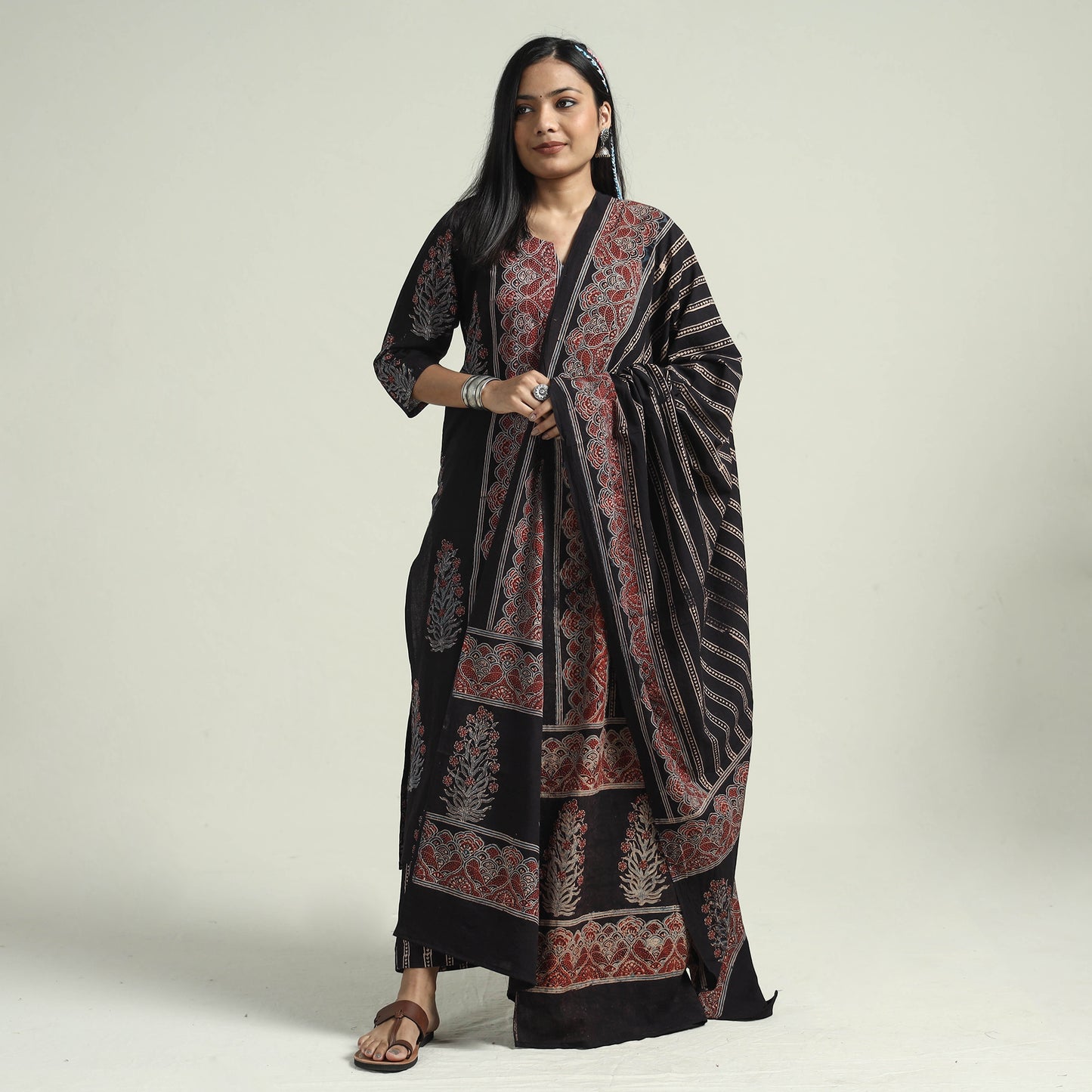 Ajrakh Kurta With Palazzo & Dupatta Set