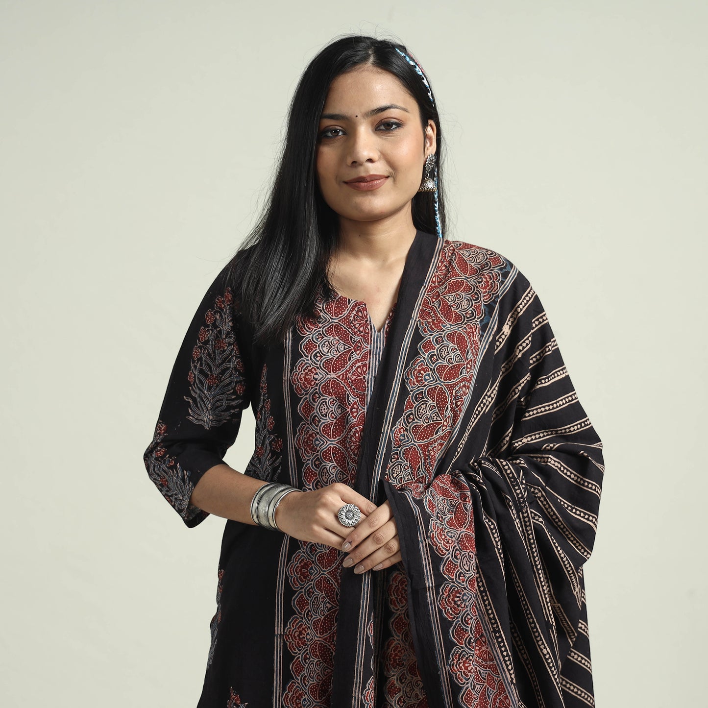 Ajrakh Kurta With Palazzo & Dupatta Set