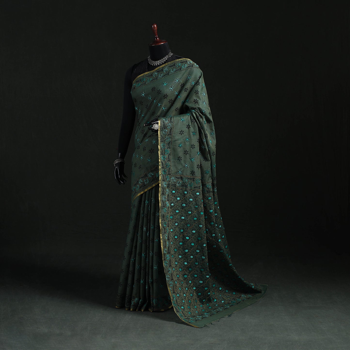 Green - Bengal Kantha Hand Embroidery Silk Cotton Chapa Work Saree 14