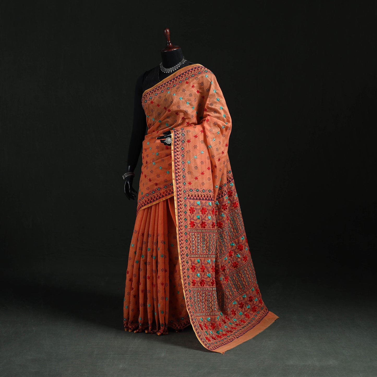 Orange - Bengal Kantha Hand Embroidery Silk Cotton Chapa Work Saree 12