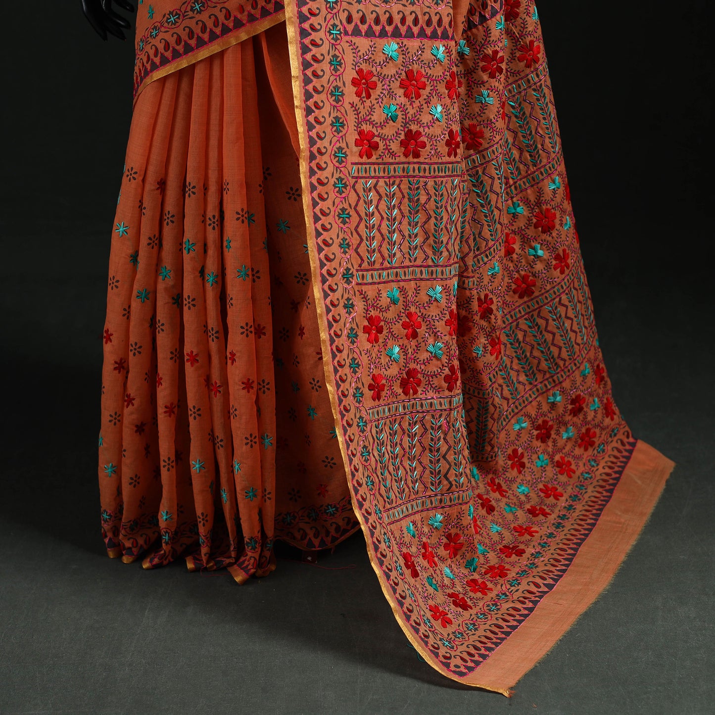 Orange - Bengal Kantha Hand Embroidery Silk Cotton Chapa Work Saree 12