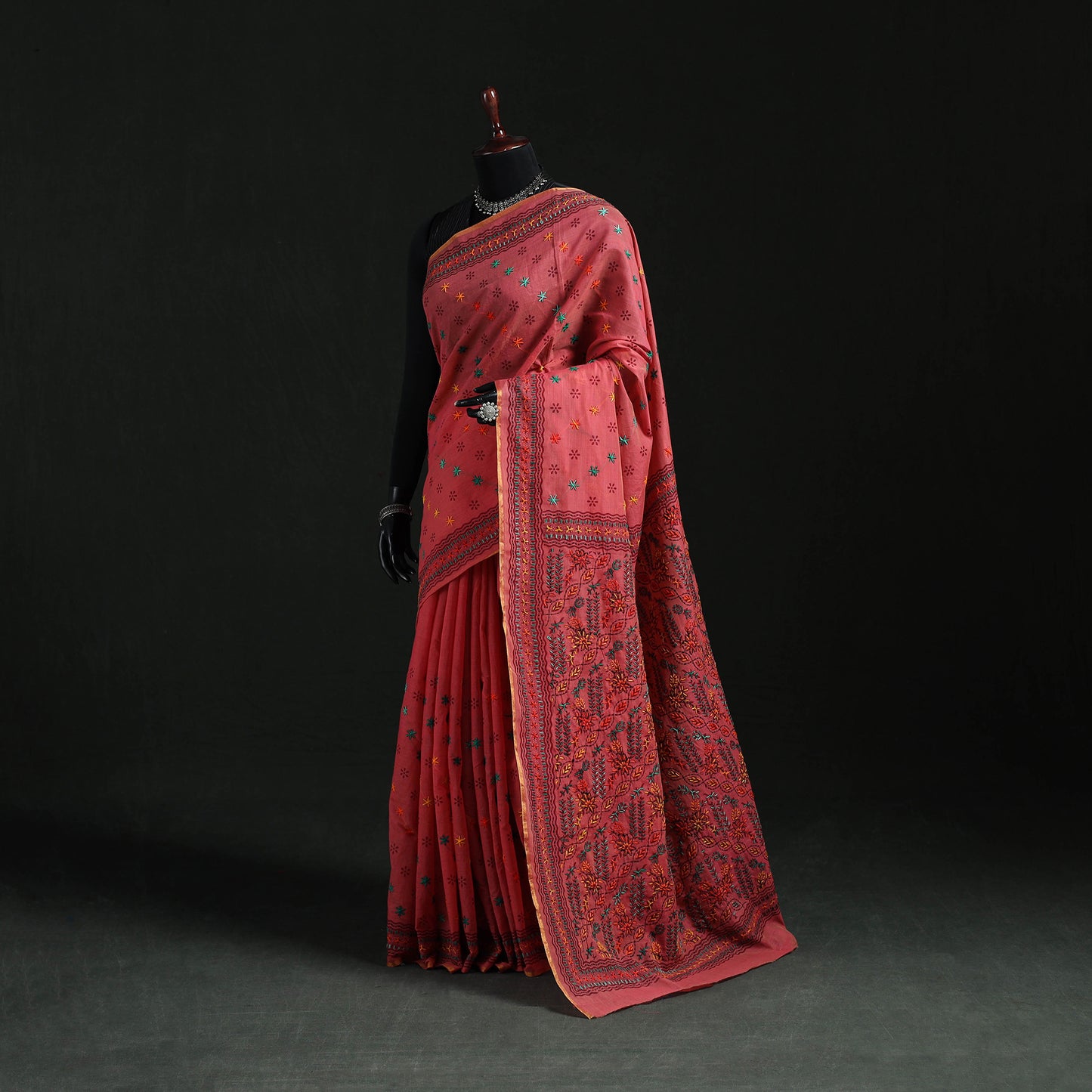 Pink - Bengal Kantha Hand Embroidery Silk Cotton Chapa Work Saree 11