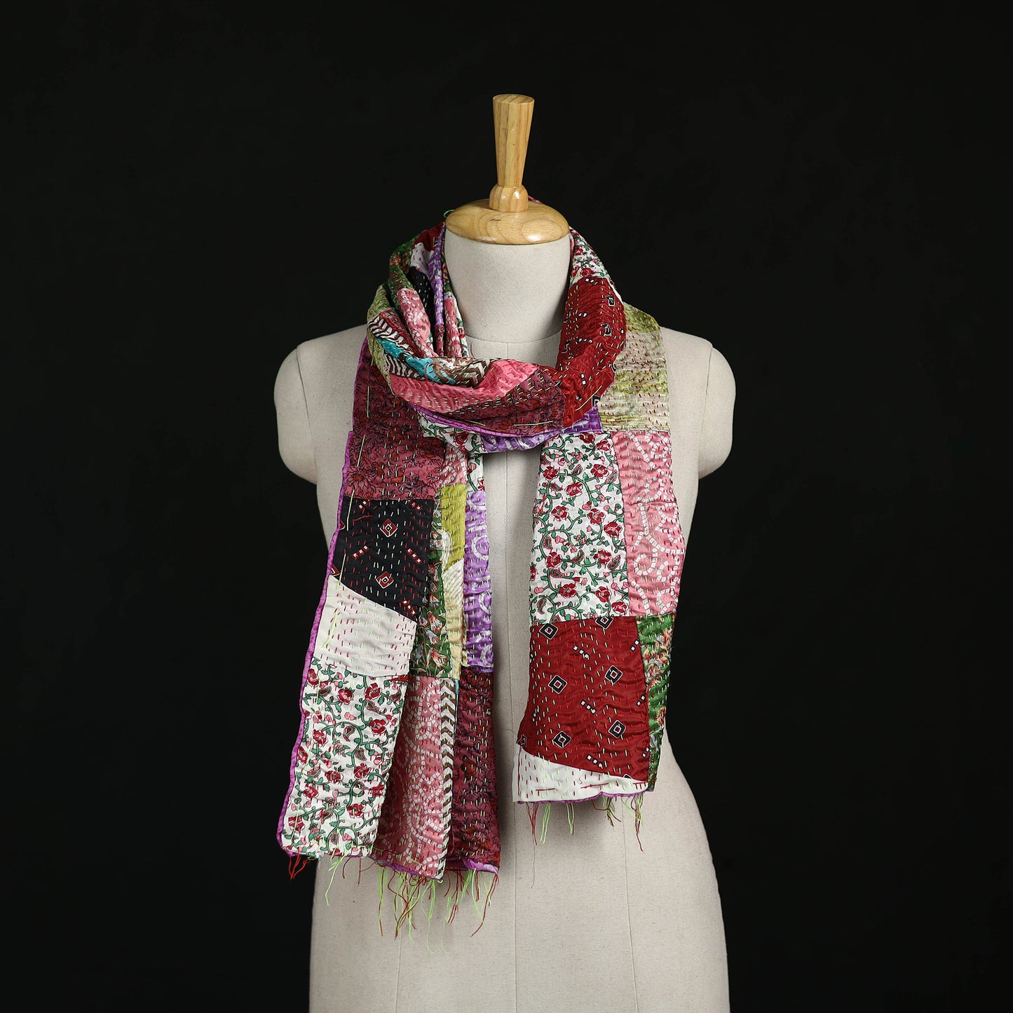 Bengal Kantha Handwork Patchwork Reversible Silk Stole 50