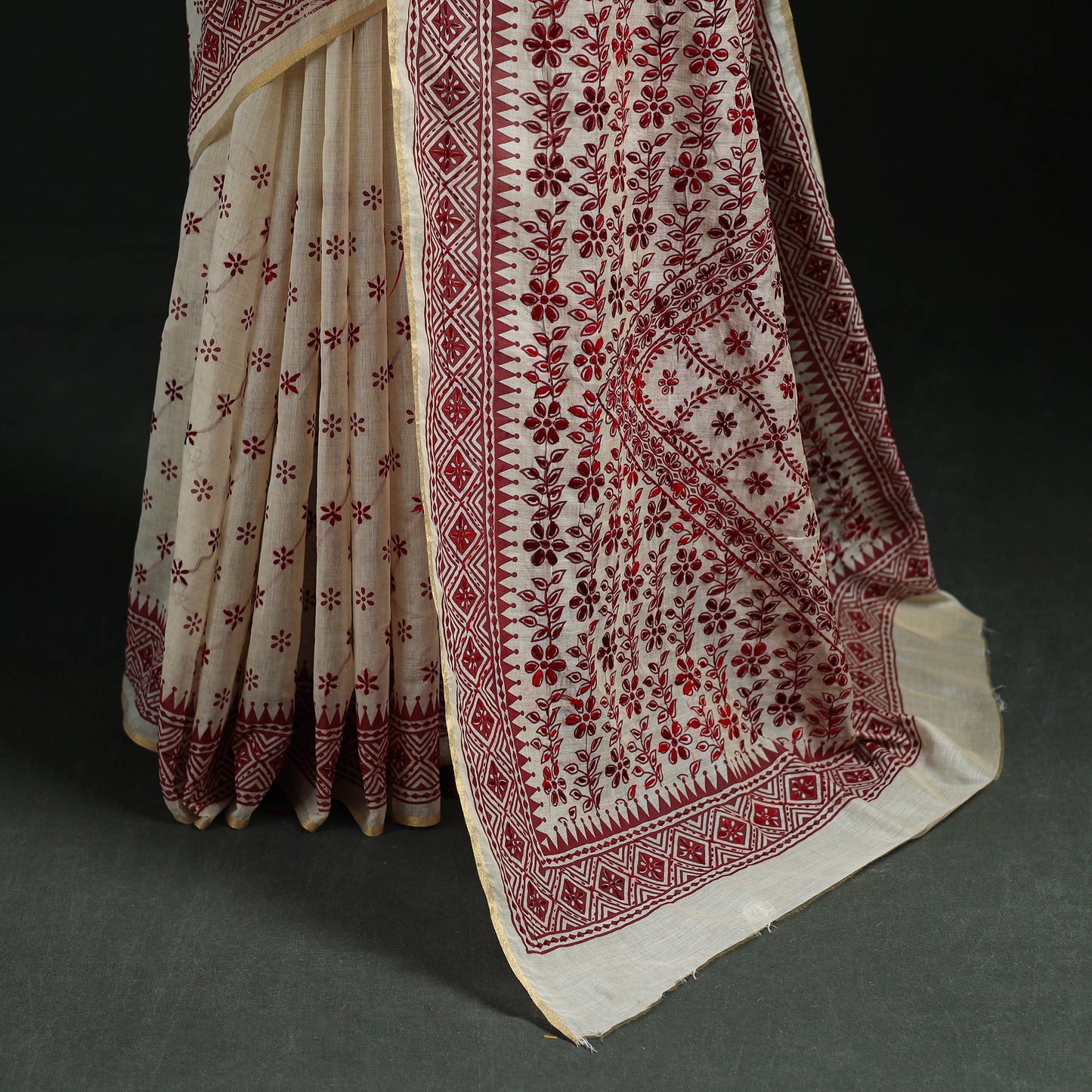 Bengal Kantha Hand Embroidery Silk Cotton Chapa Work Saree 21