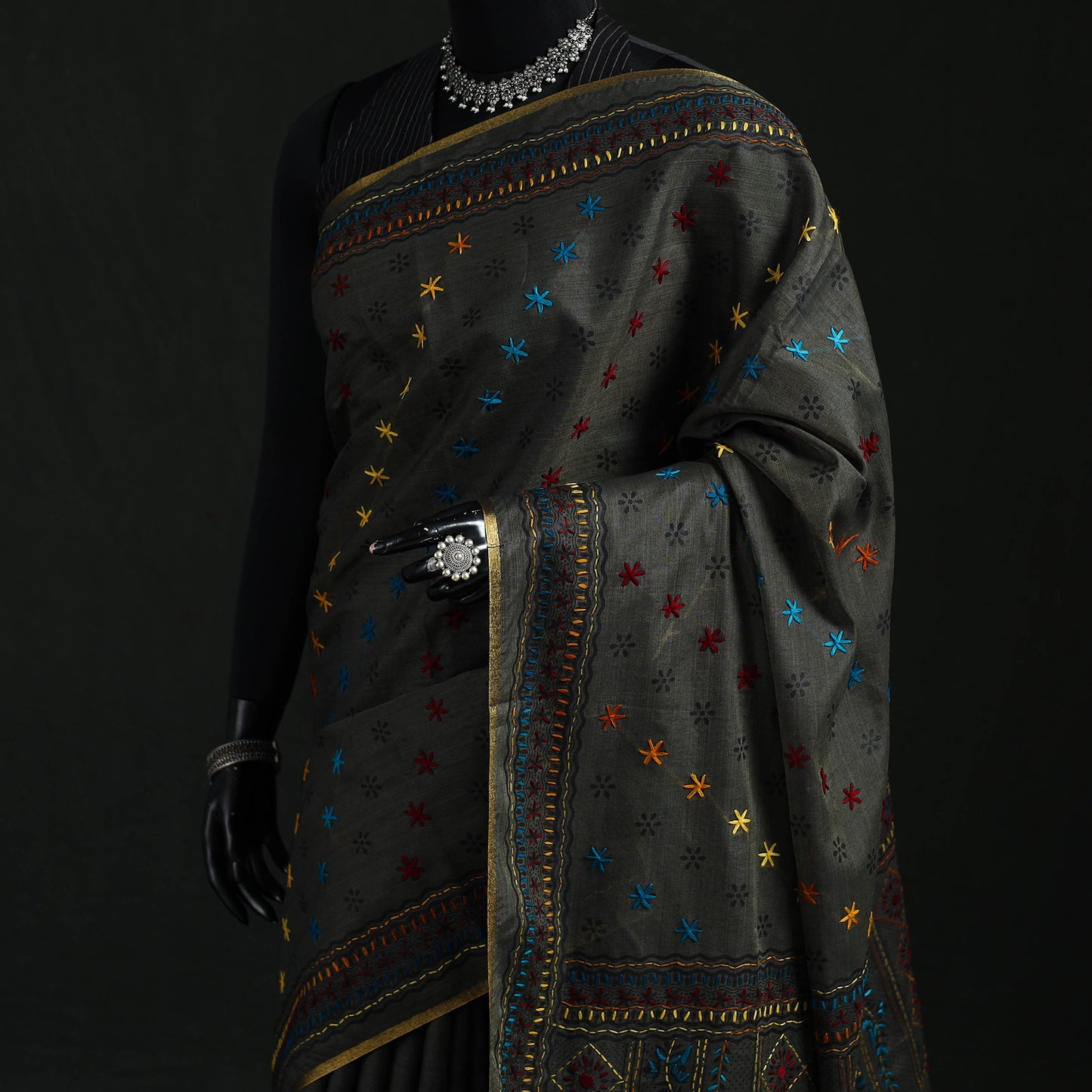 Black - Bengal Kantha Hand Embroidery Silk Cotton Chapa Work Saree 22