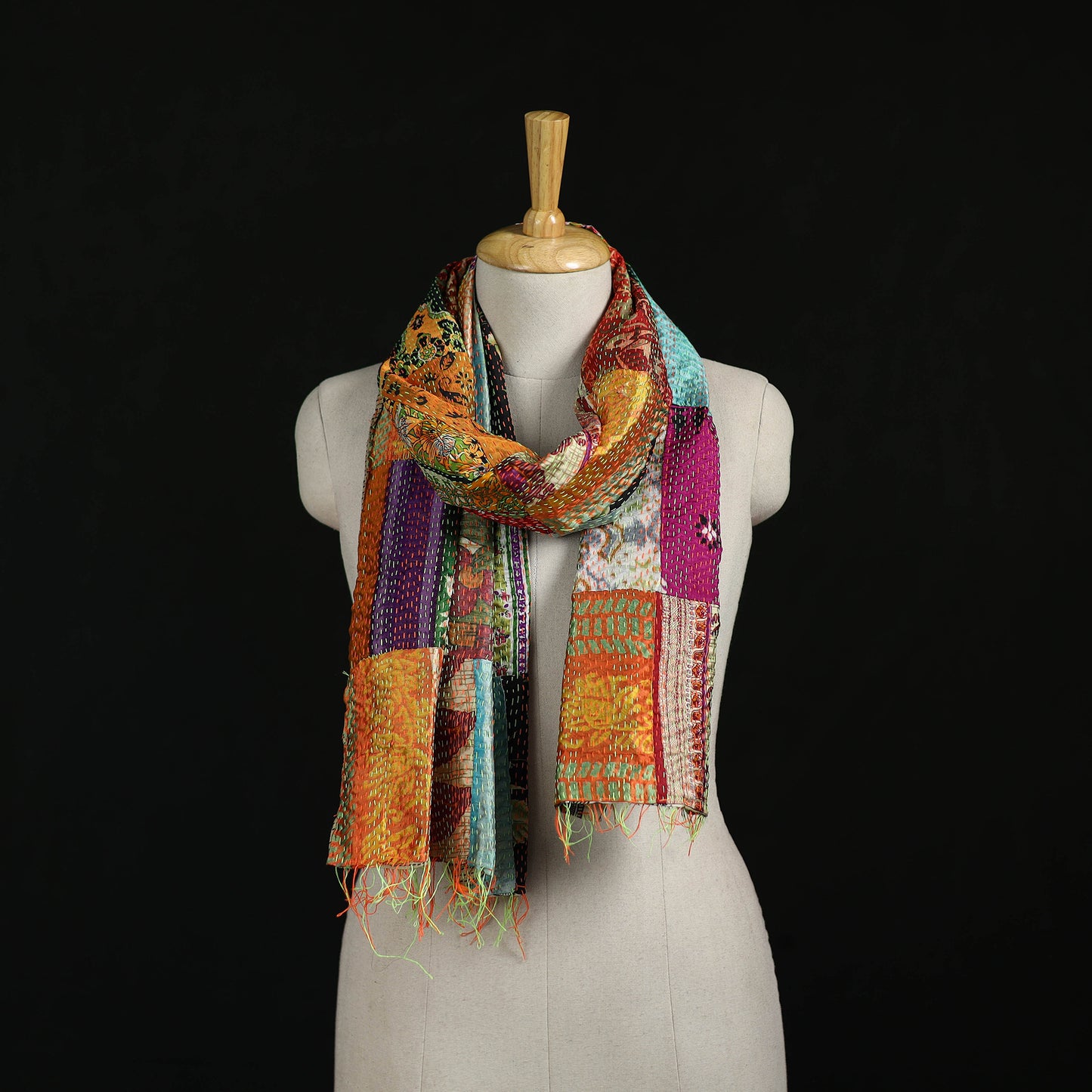 Bengal Kantha Handwork Patchwork Reversible Silk Stole 16