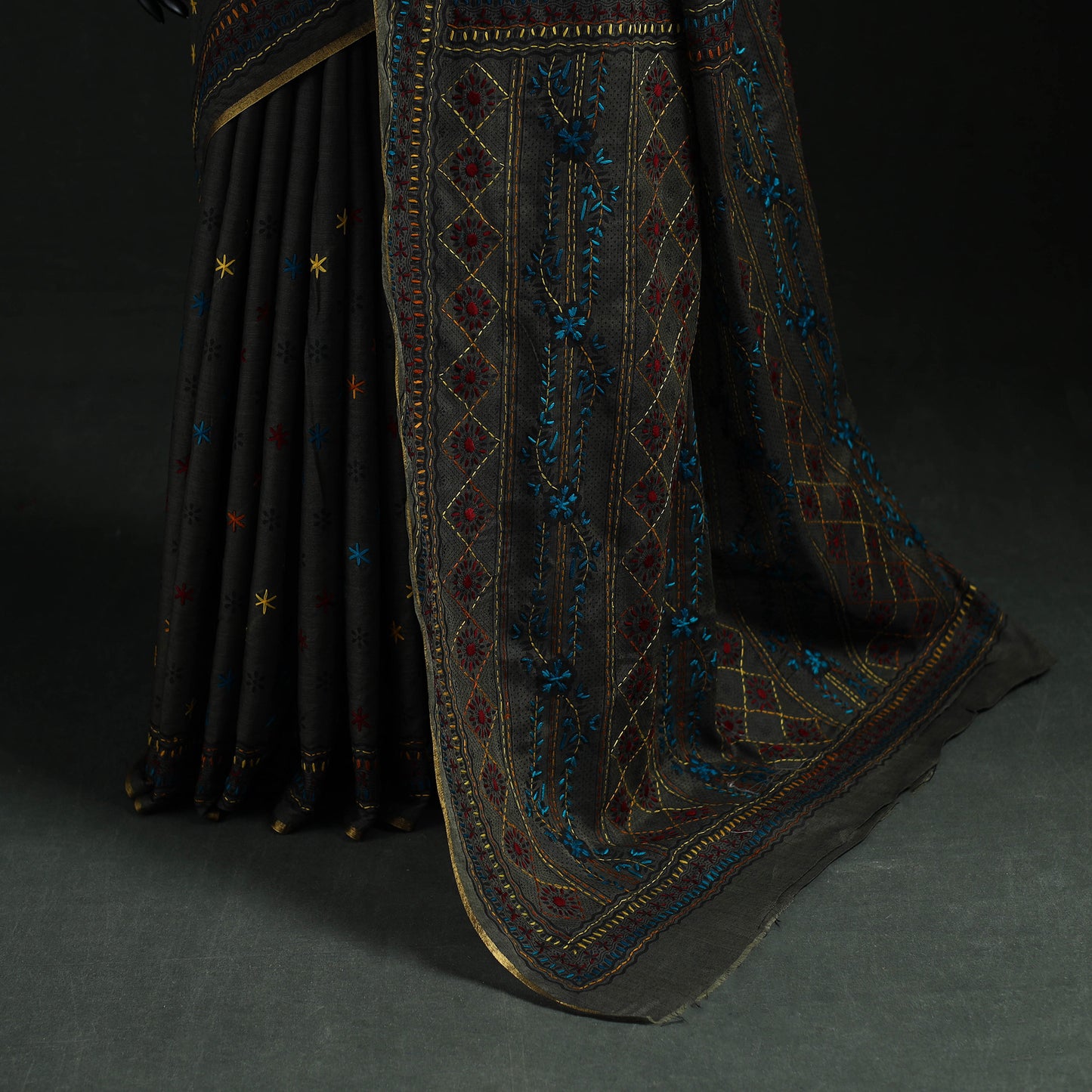 Black - Bengal Kantha Hand Embroidery Silk Cotton Chapa Work Saree 22