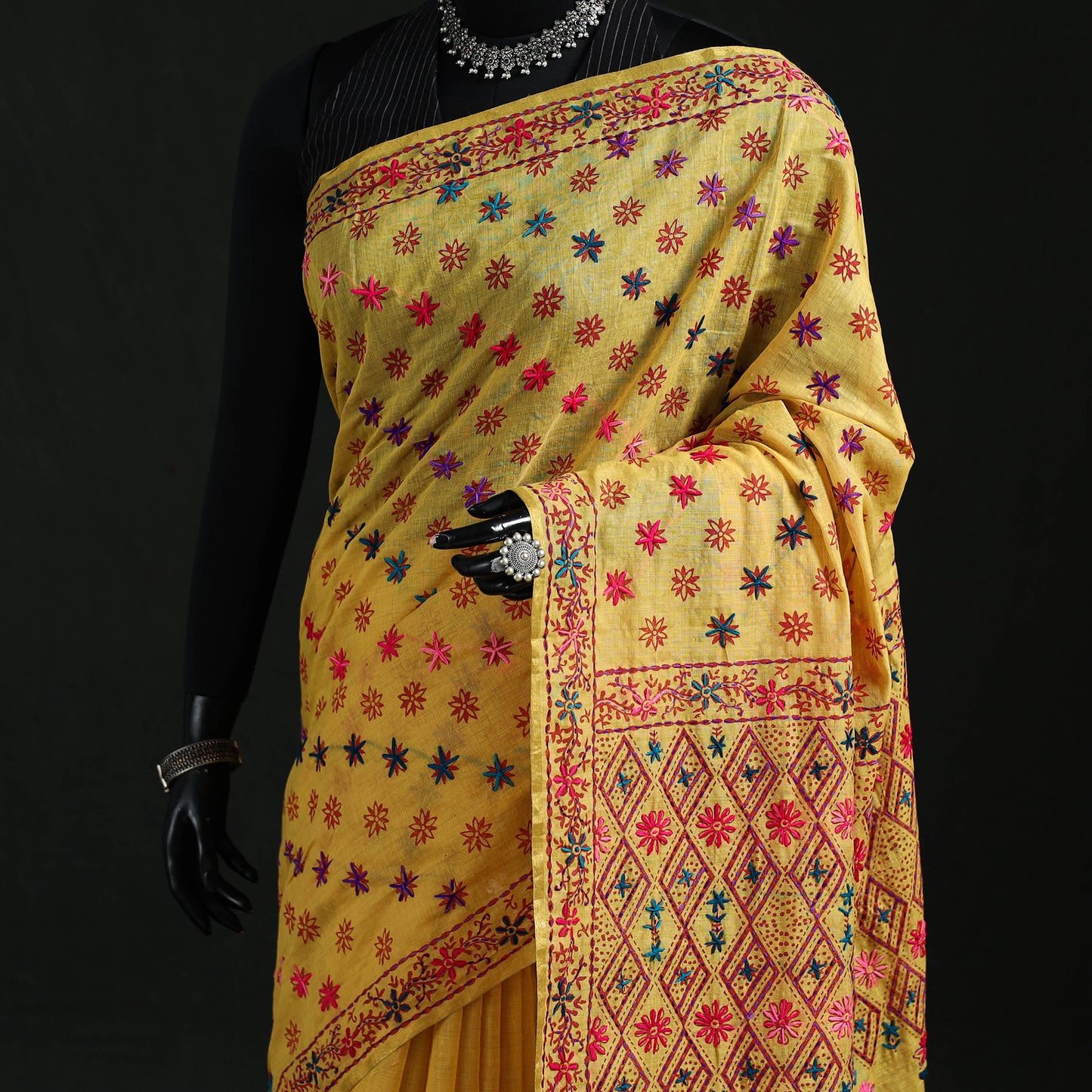 Yellow - Bengal Kantha Hand Embroidery Silk Cotton Chapa Work Saree 24