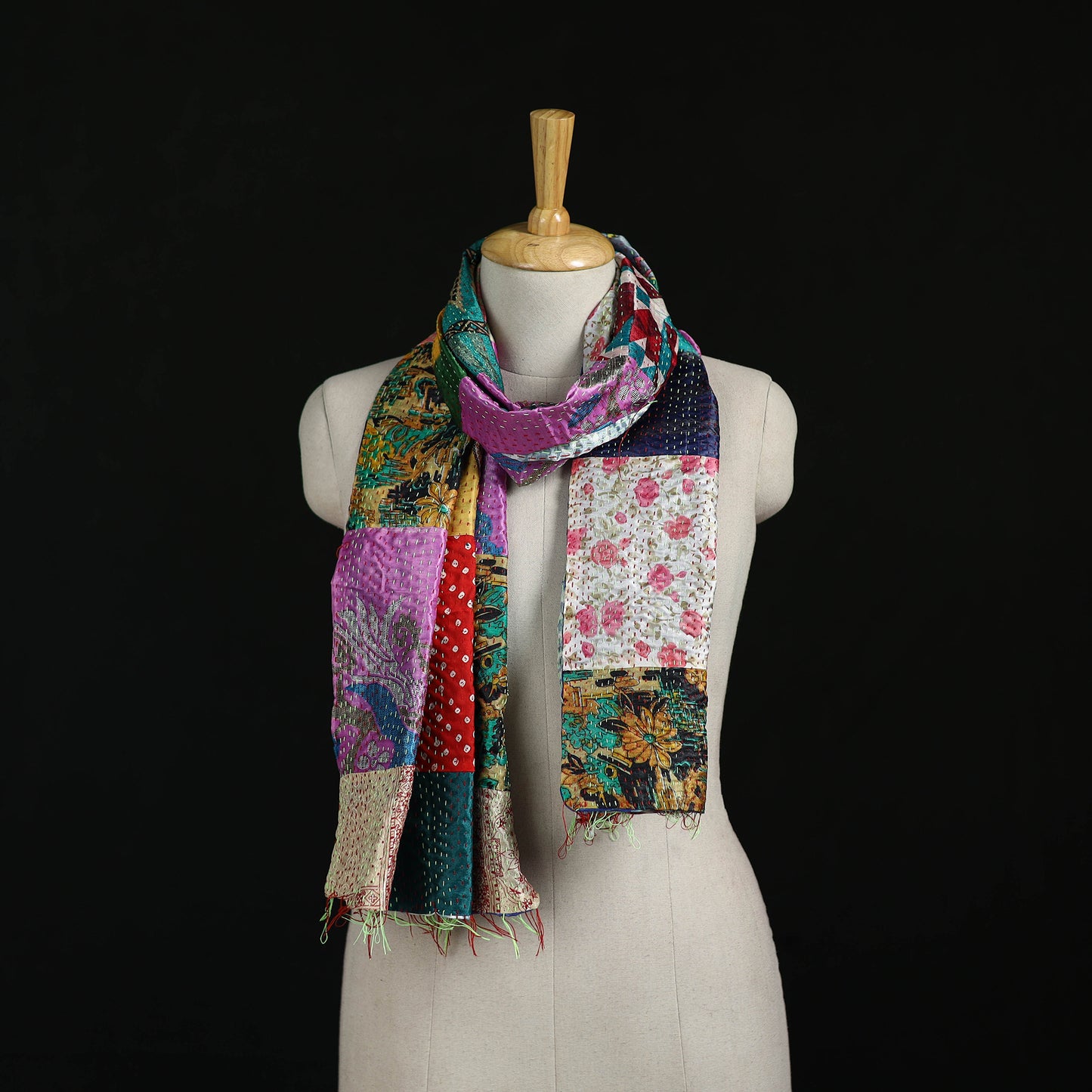 Bengal Kantha Handwork Patchwork Reversible Silk Stole 25