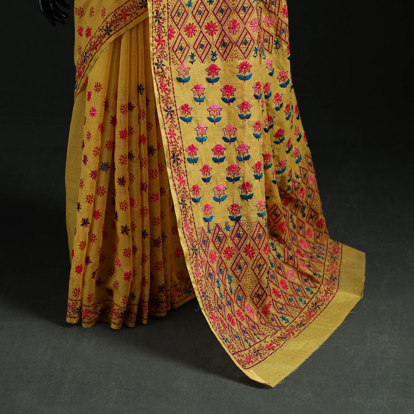 Yellow - Bengal Kantha Hand Embroidery Silk Cotton Chapa Work Saree 24