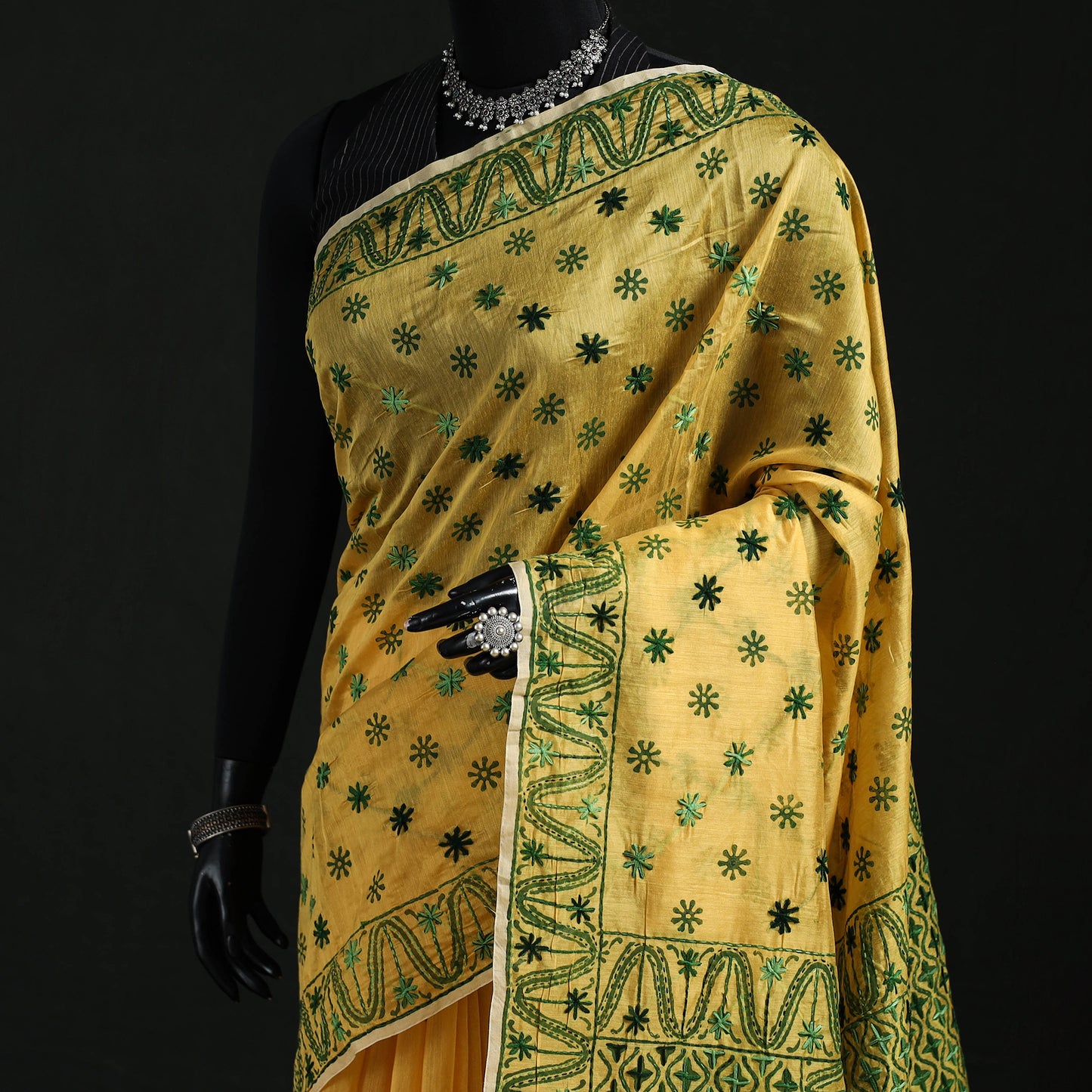 Yellow - Bengal Kantha Hand Embroidery Silk Cotton Chapa Work Saree 27