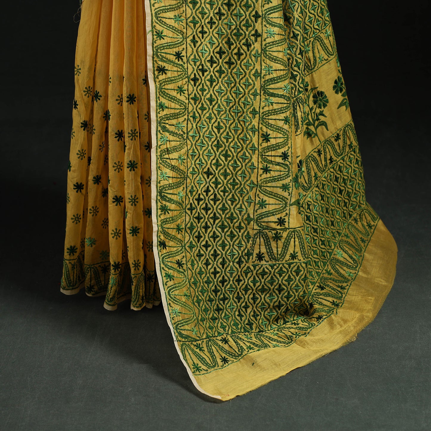 Yellow - Bengal Kantha Hand Embroidery Silk Cotton Chapa Work Saree 27