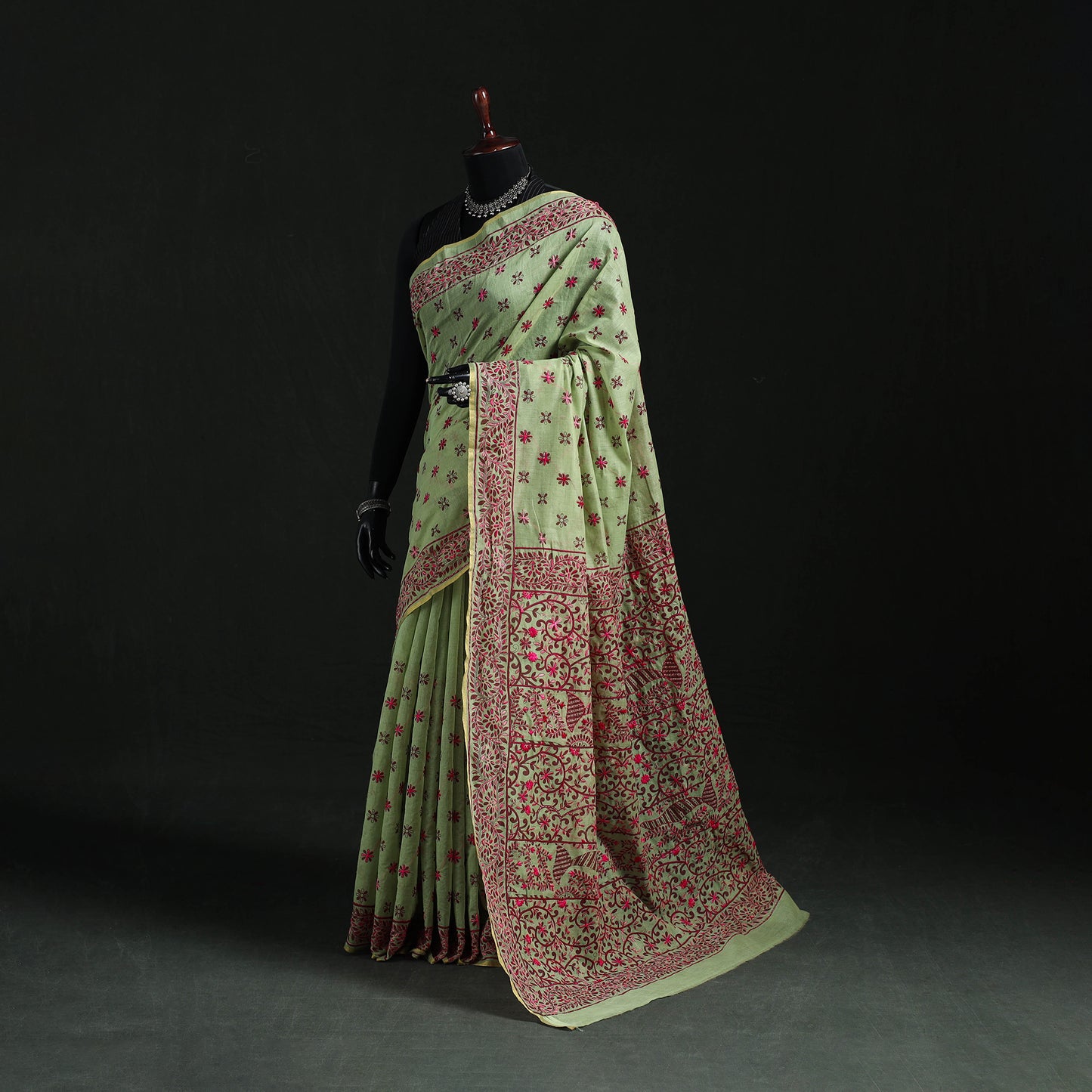 Green - Bengal Kantha Hand Embroidery Silk Cotton Chapa Work Saree 30
